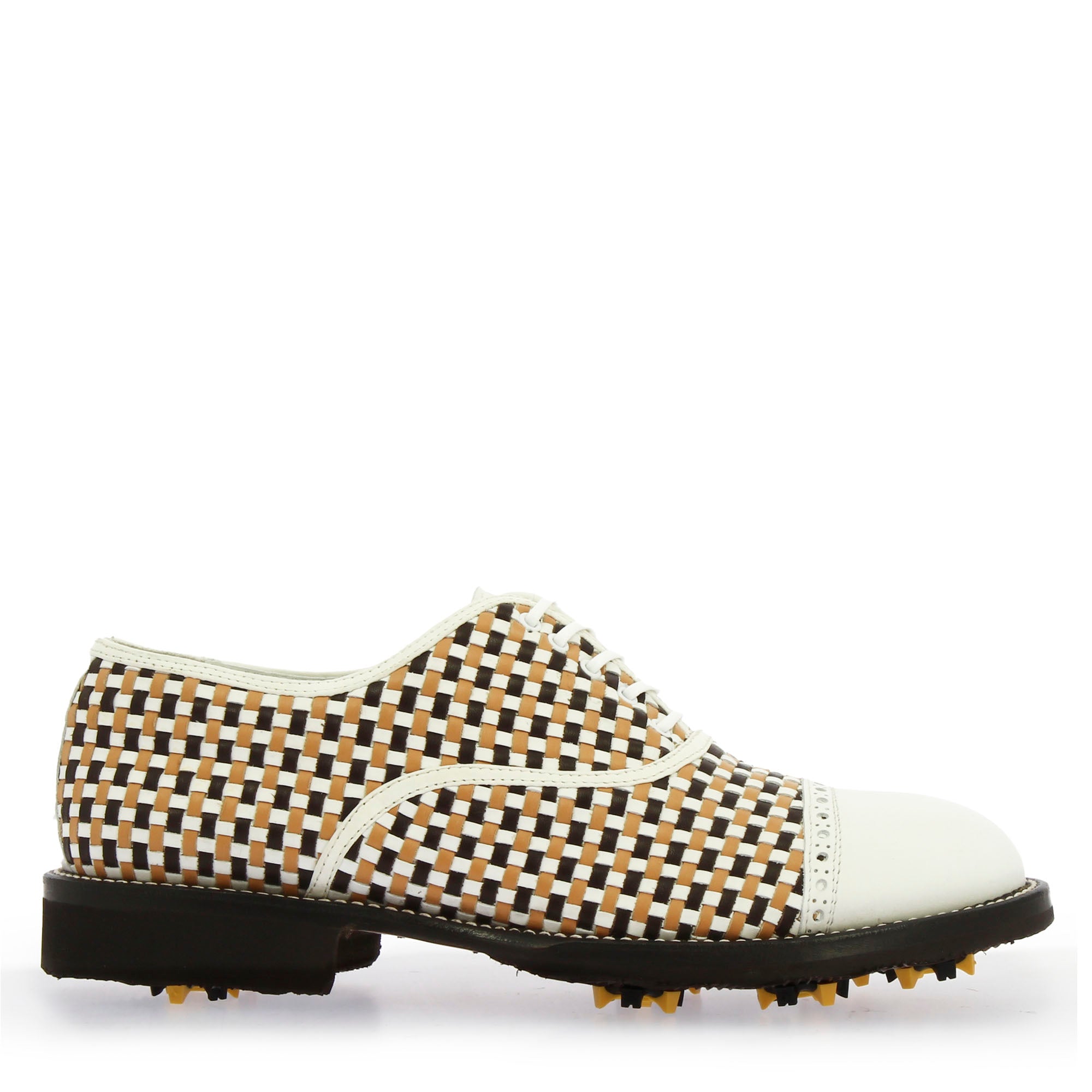 Handcrafted white and brown woven leather golf shoes