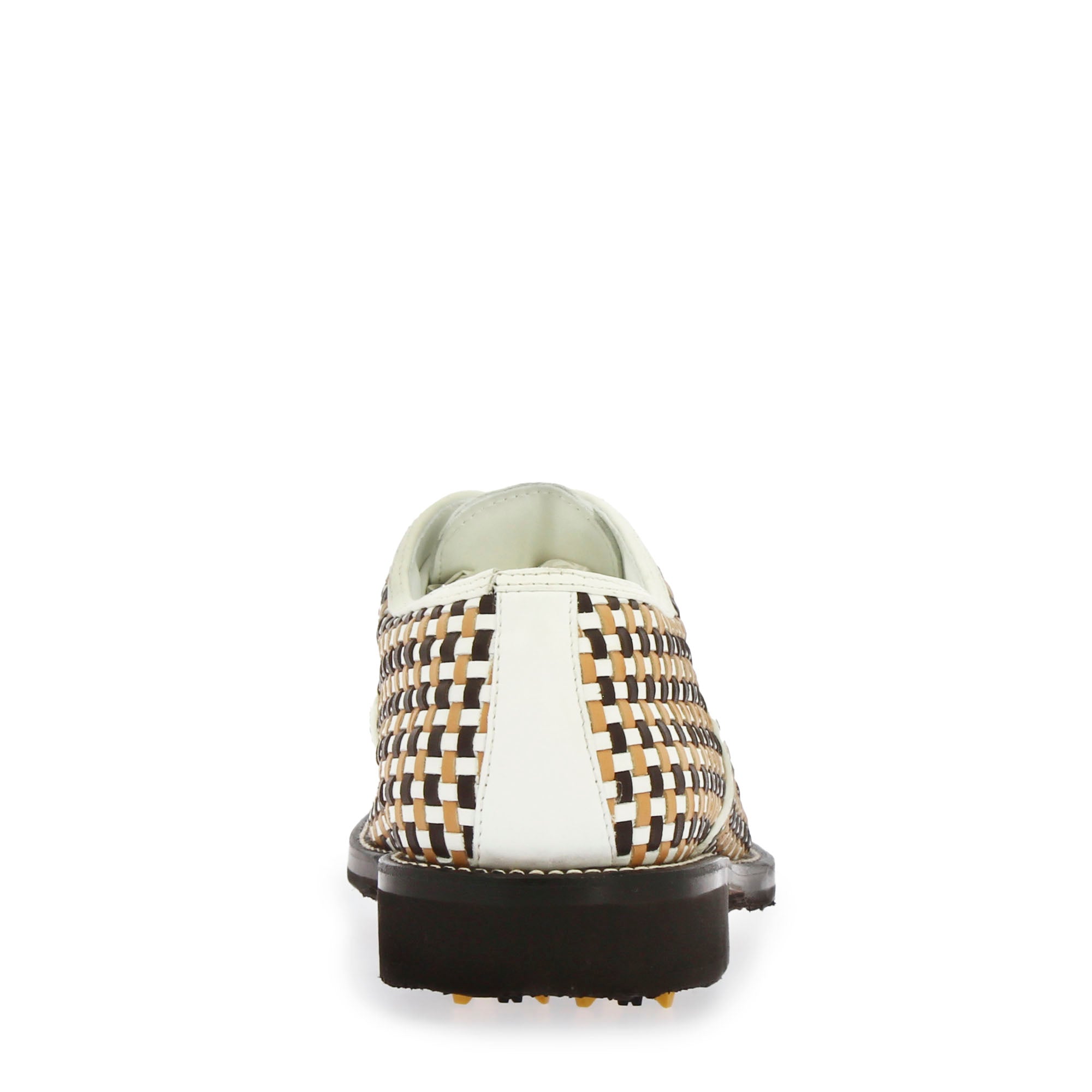 Handcrafted white and brown woven leather golf shoes