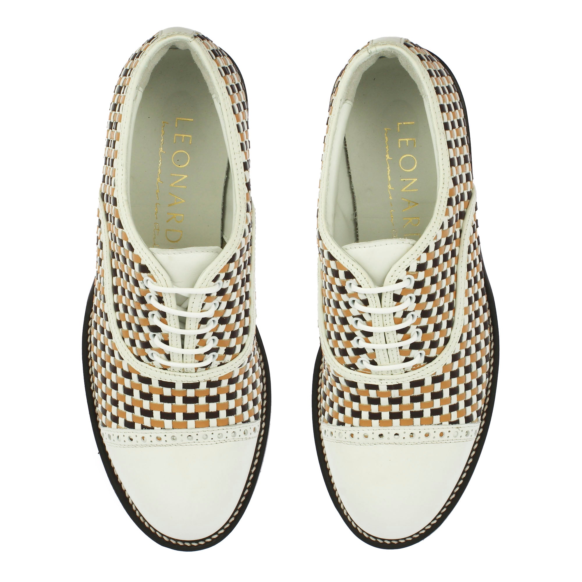 Handcrafted white and brown woven leather golf shoes