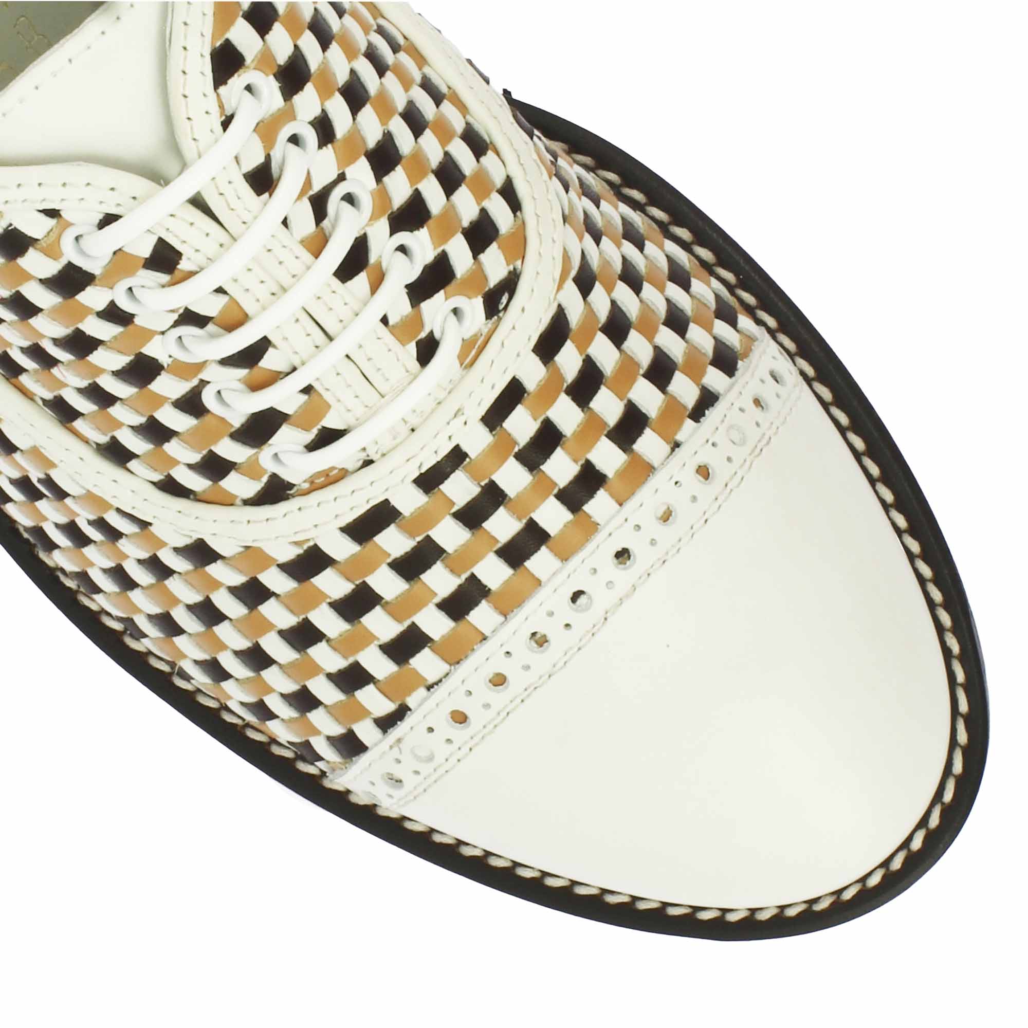 Handcrafted white and brown woven leather golf shoes