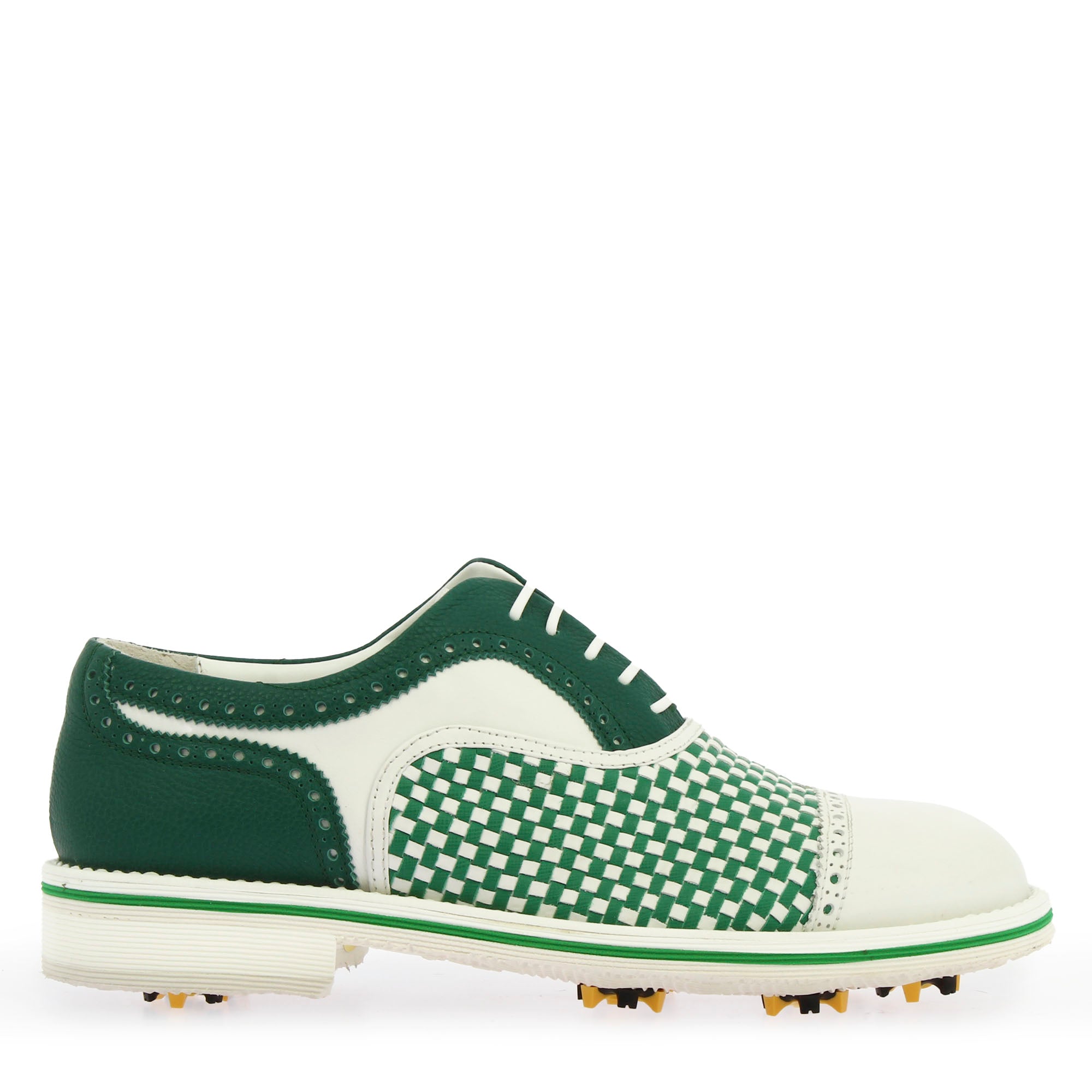 Handgefertigte Golfschuhe aus gewebtem Leder in Weiß und Grün