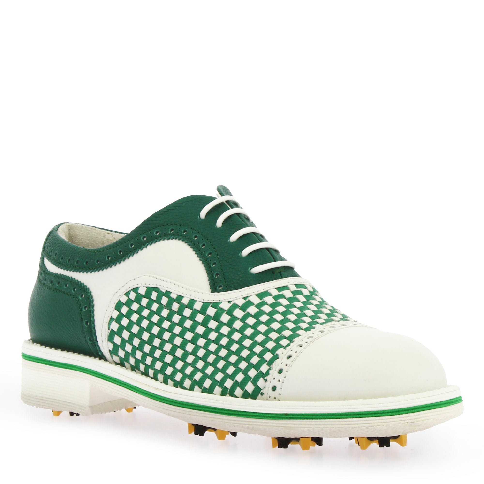 Handgefertigte Golfschuhe aus gewebtem Leder in Weiß und Grün