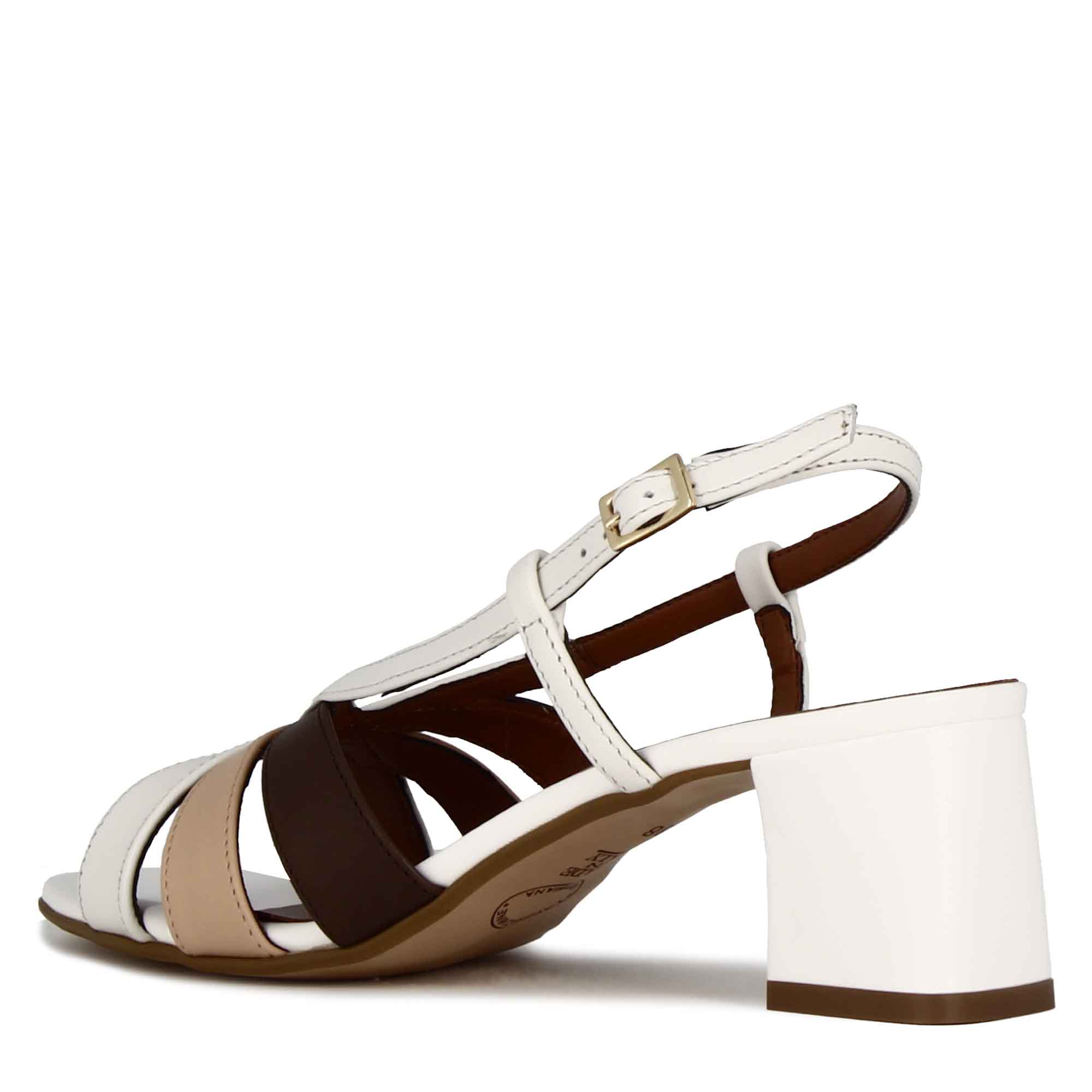 Classic women's sandal in white leather with multicolored bands