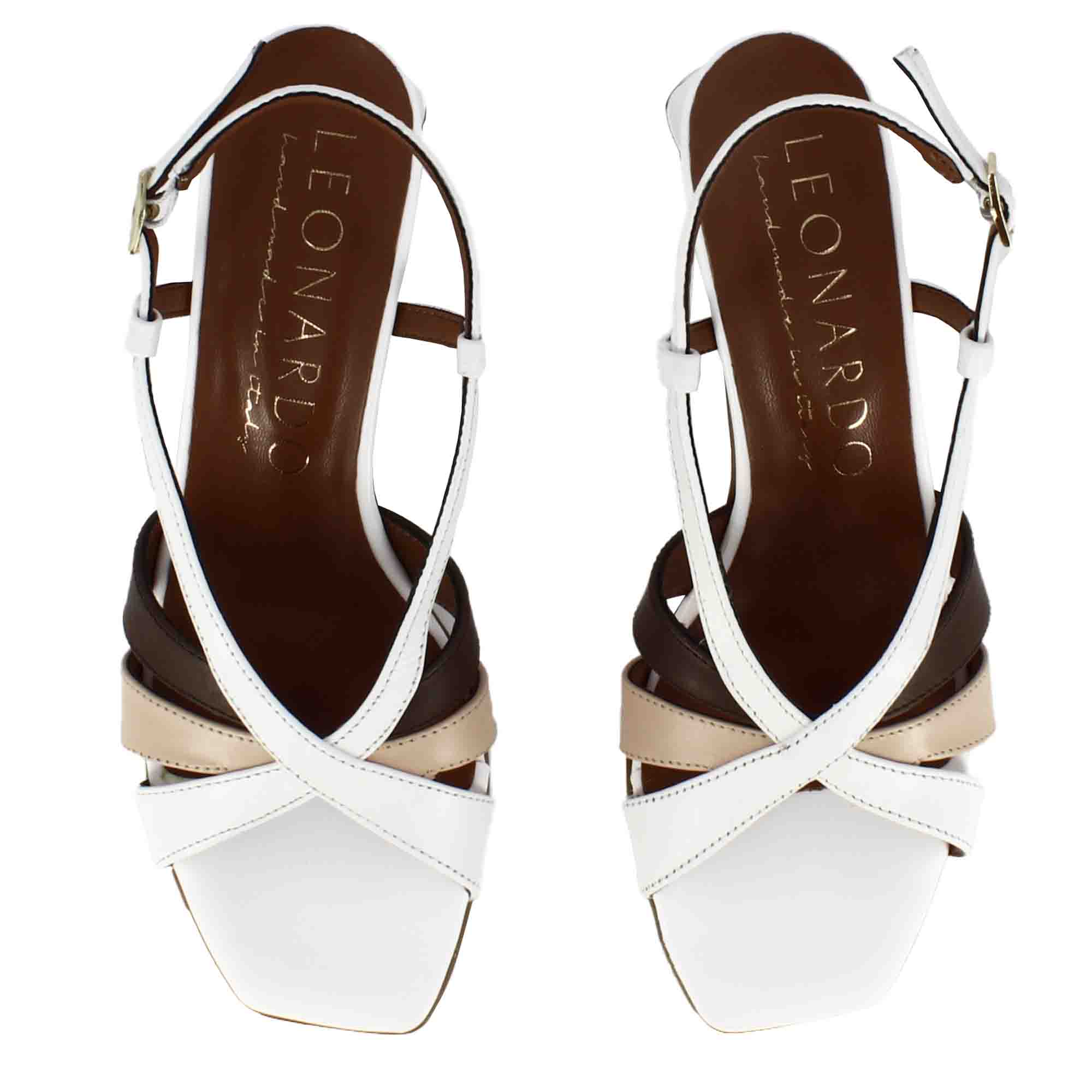 Classic women's sandal in white leather with multicolored bands