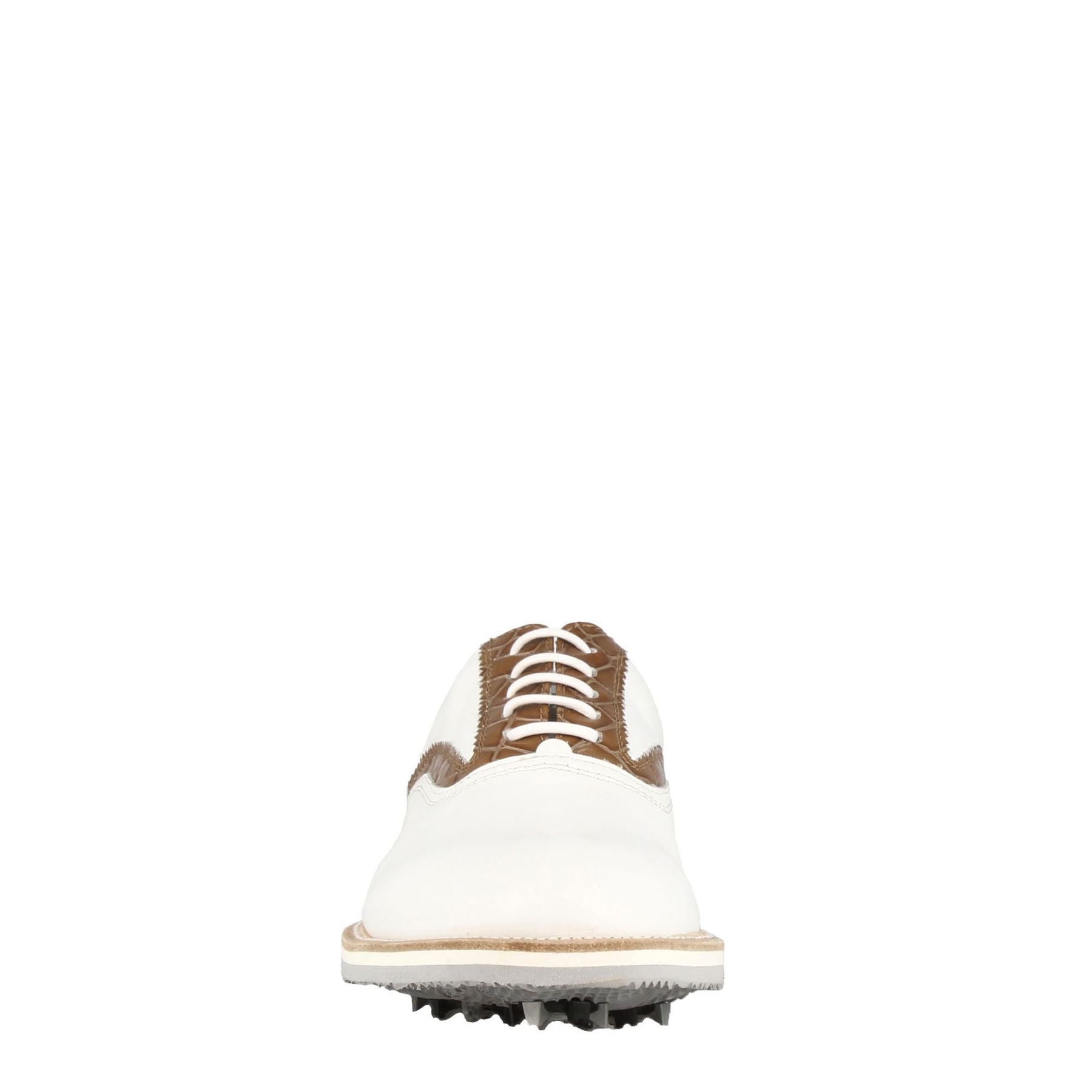 Handcrafted golf shoes in white leather with light brown details