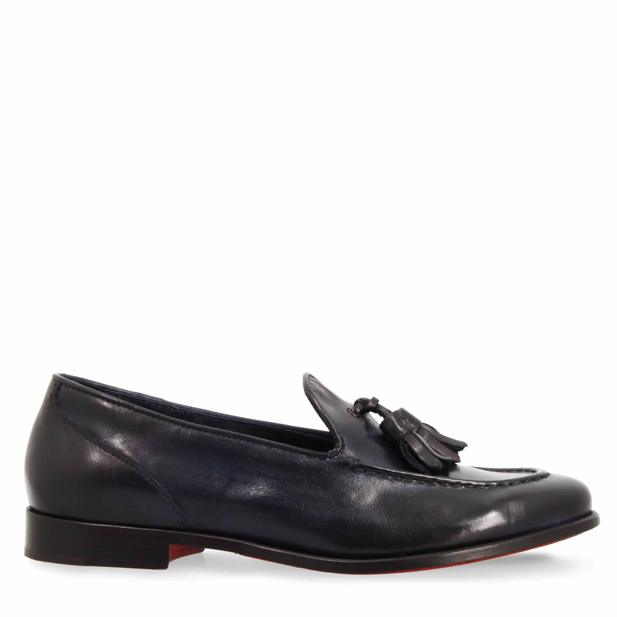 Handgefertigte Damenmokassins aus blauem Leder mit Quasten