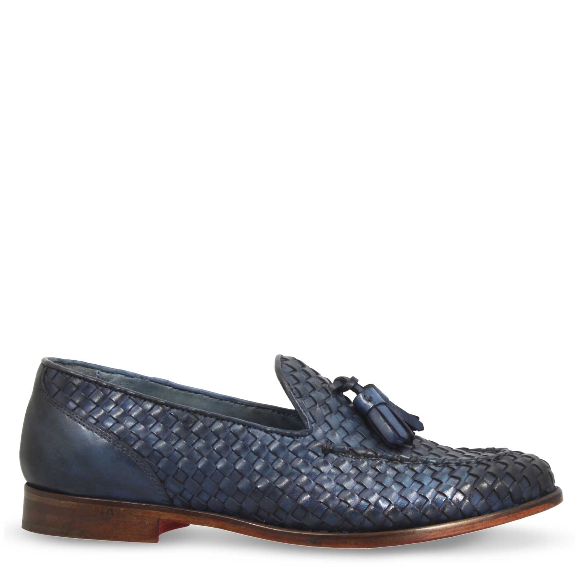Mocassins pour femme faits main en cuir tressé bleu avec pompons