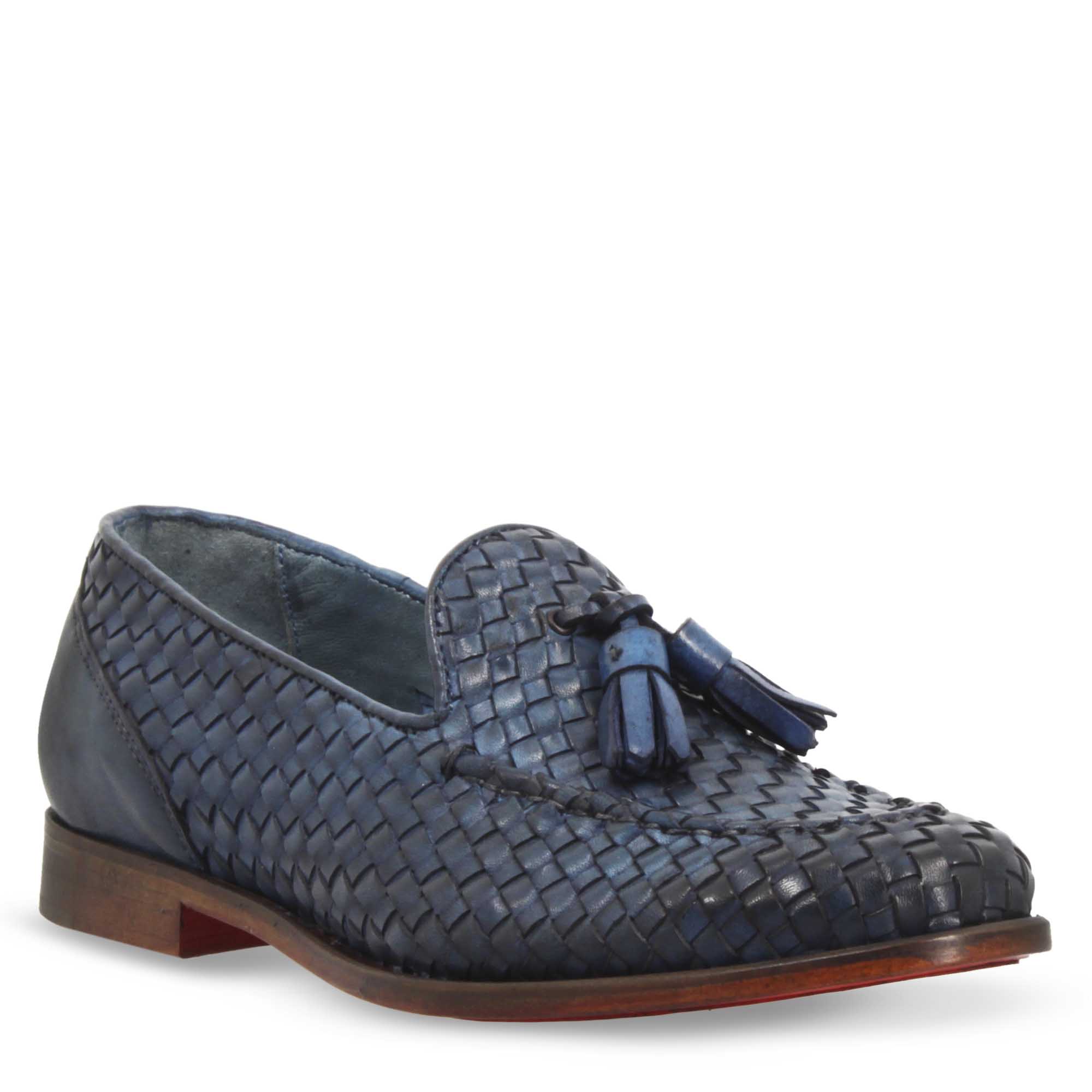 Mocassins pour femme faits main en cuir tressé bleu avec pompons