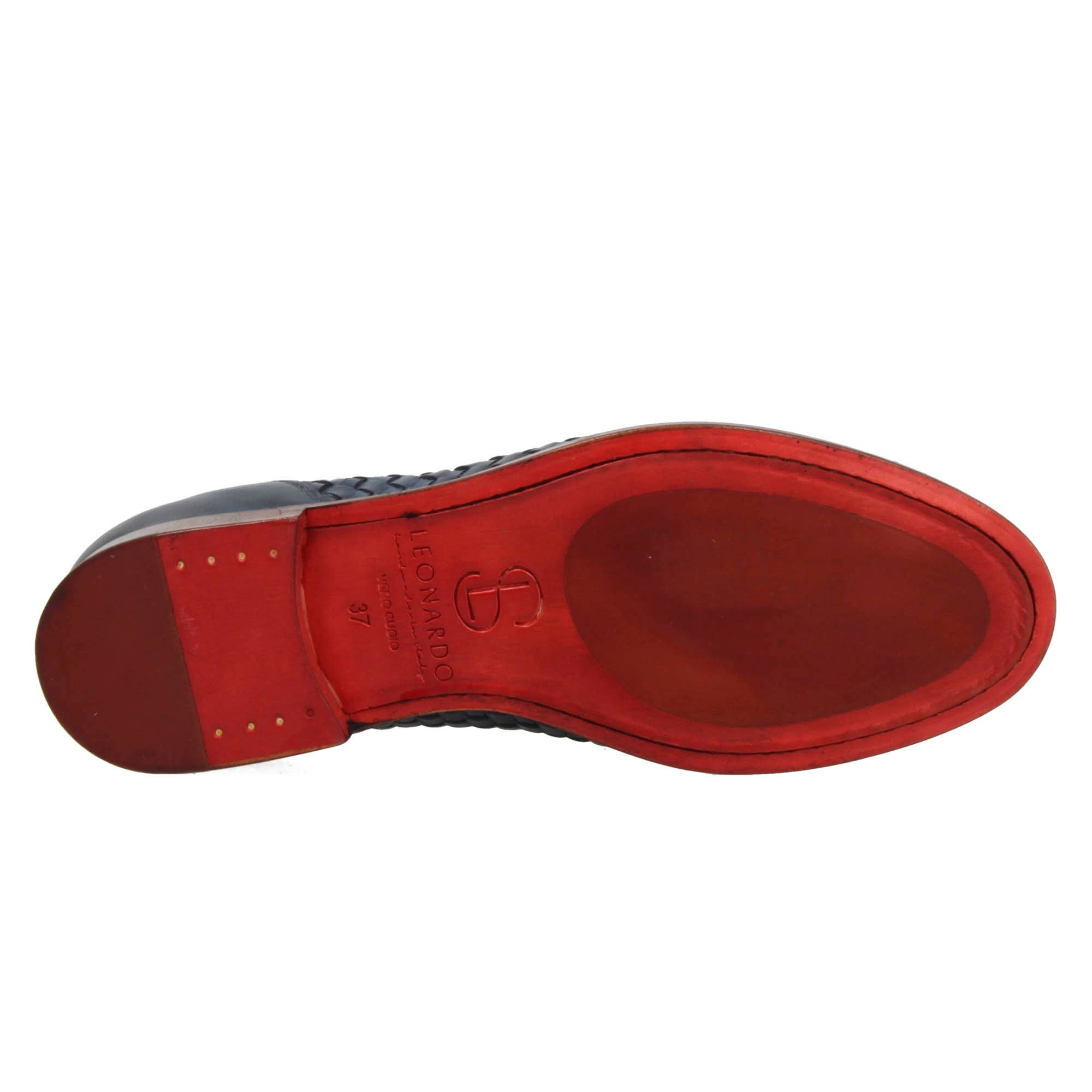 Mocassins pour femme faits main en cuir tressé bleu avec pompons