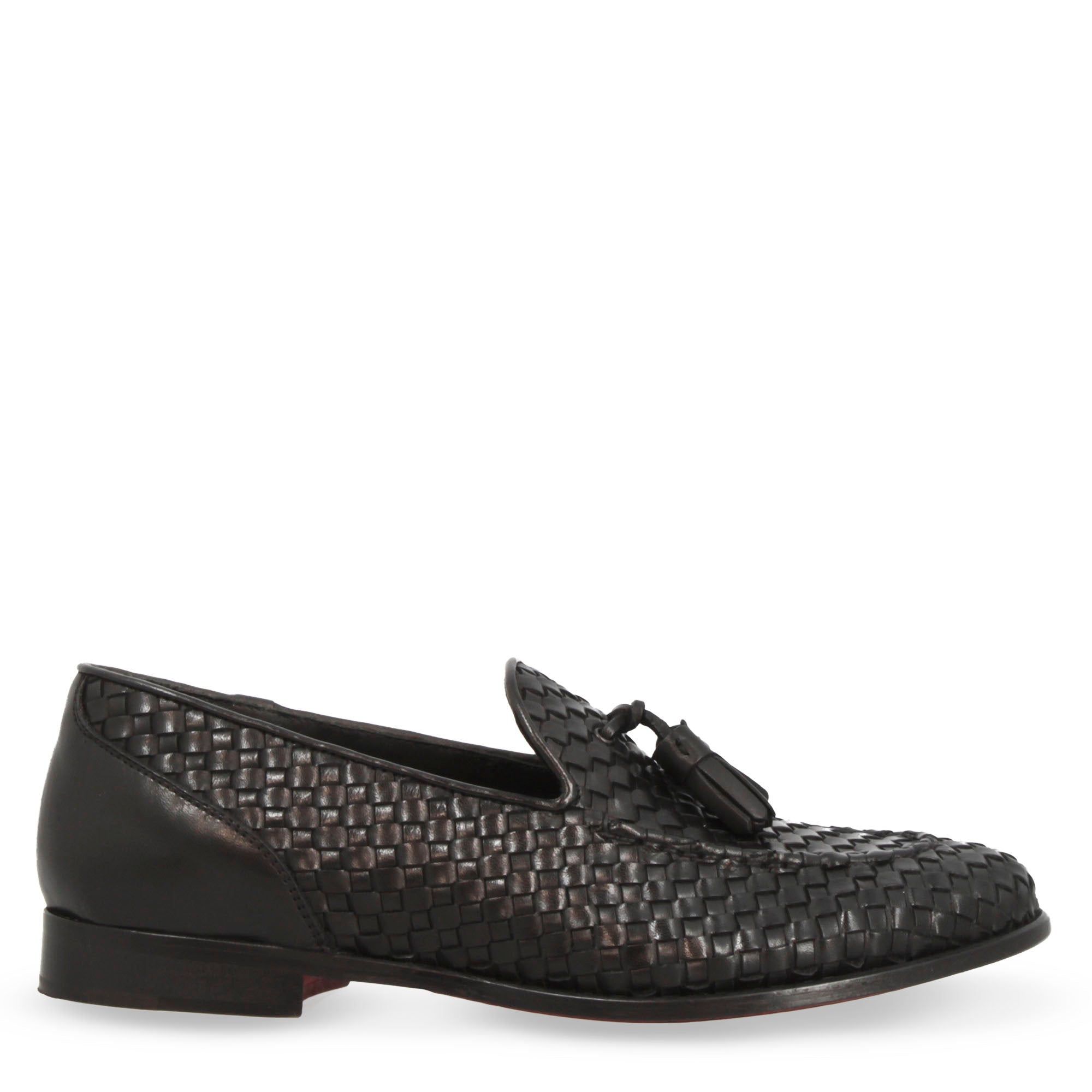 Mocassins pour femme faits main en cuir tressé noir avec pompons