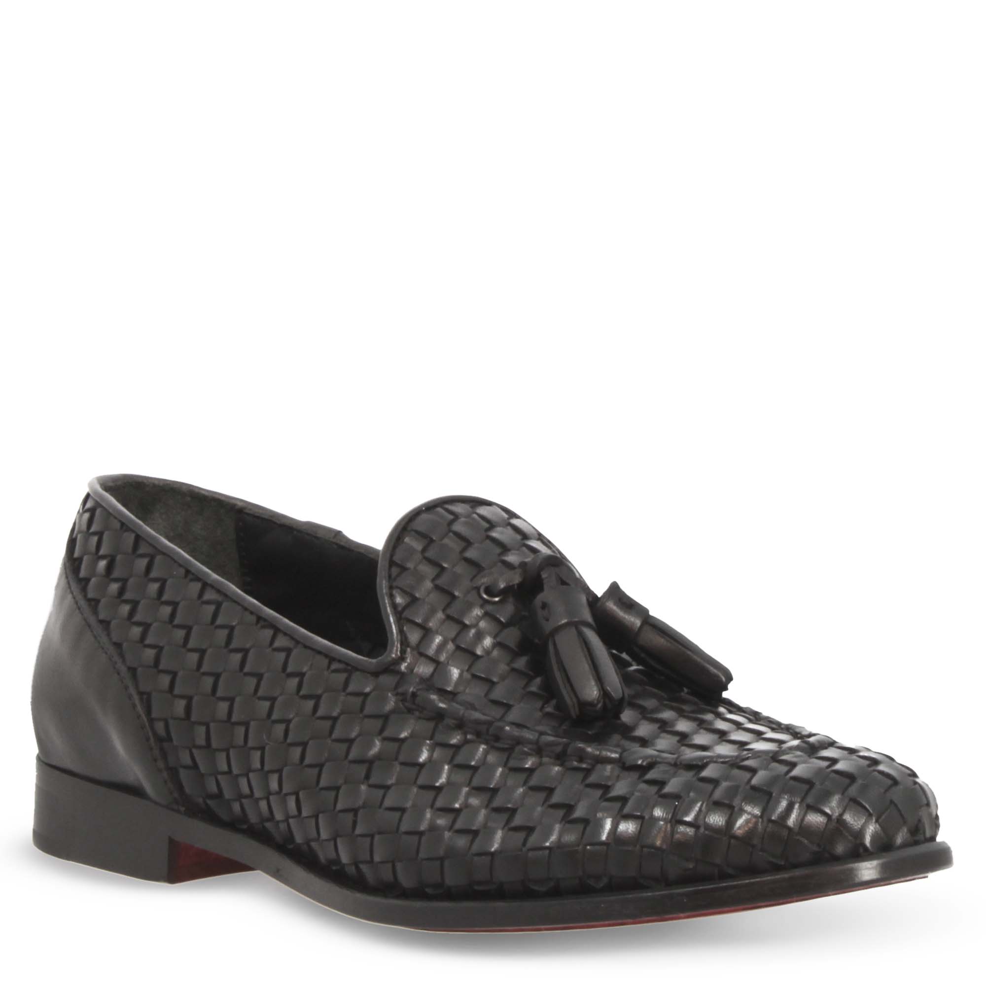 Mocassins pour femme faits main en cuir tressé noir avec pompons