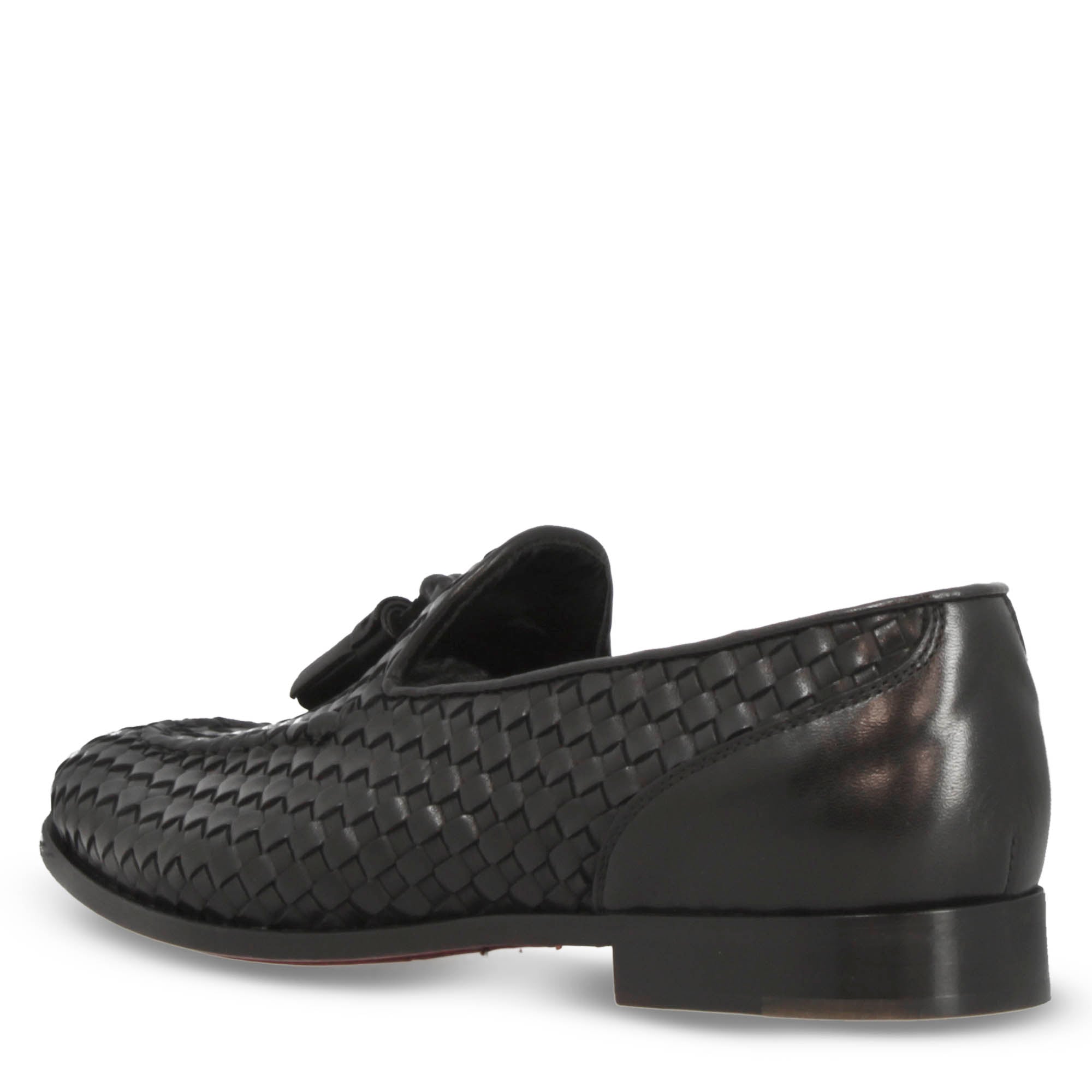 Mocassins pour femme faits main en cuir tressé noir avec pompons