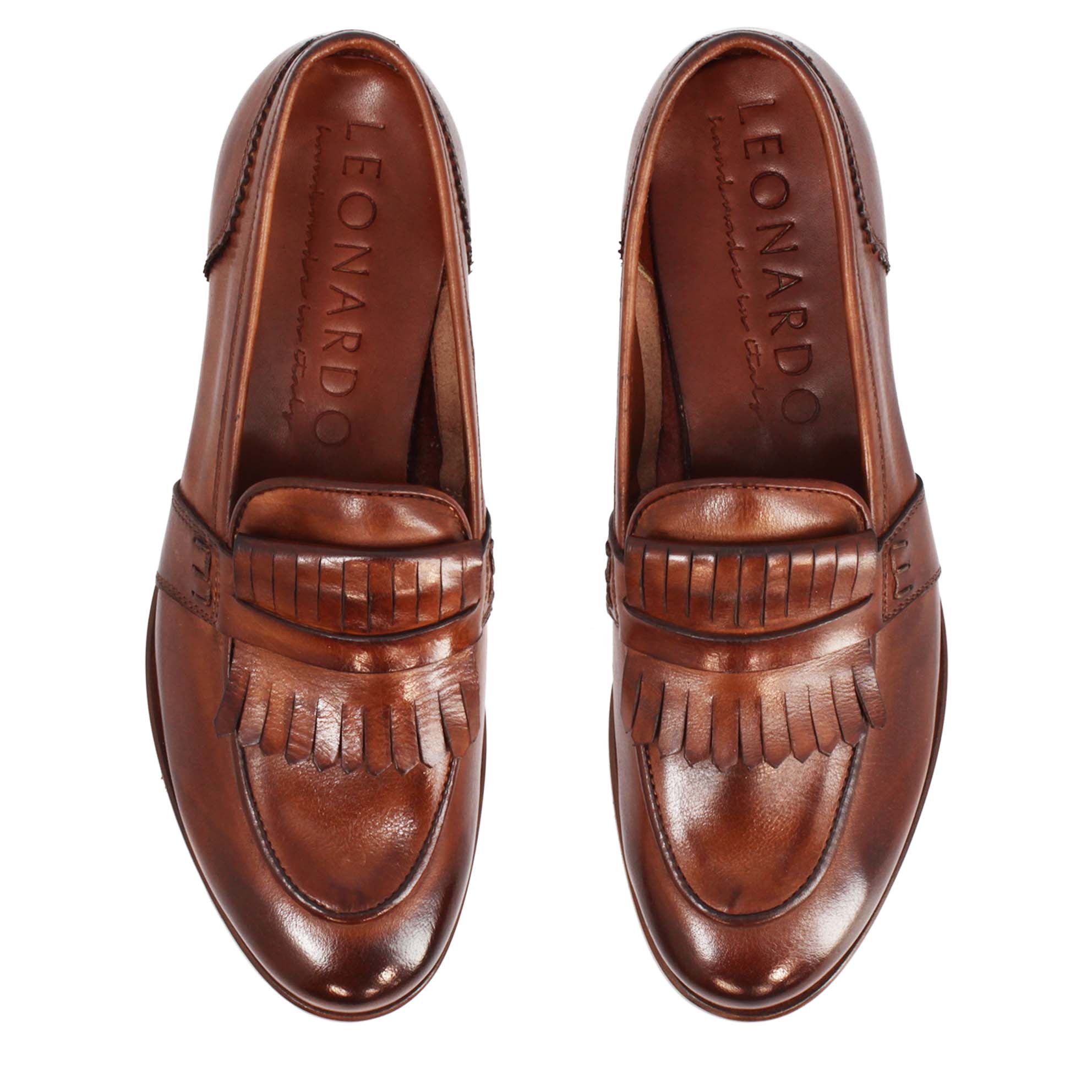 Mocassins pour femme en cuir marron faits main avec franges