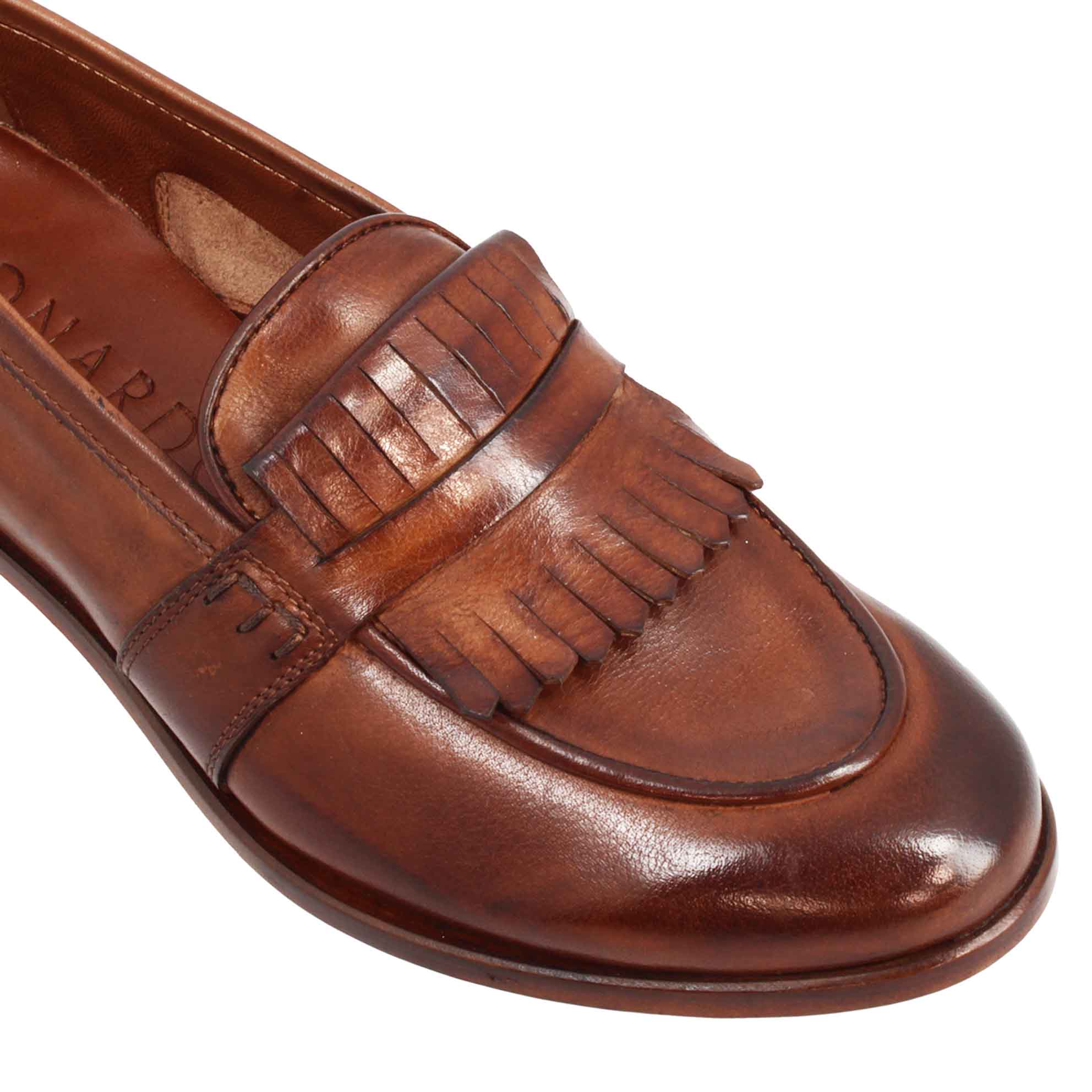 Mocassins pour femme en cuir marron faits main avec franges
