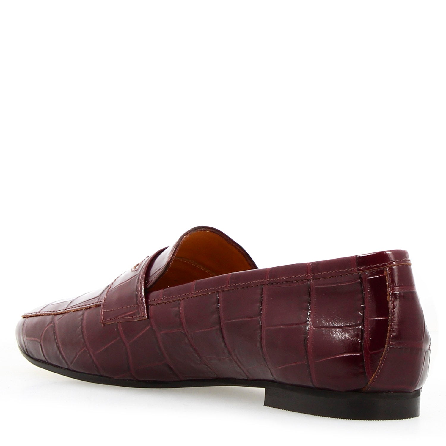 Women's handmade moccasin in burgundy crocodile-print leather