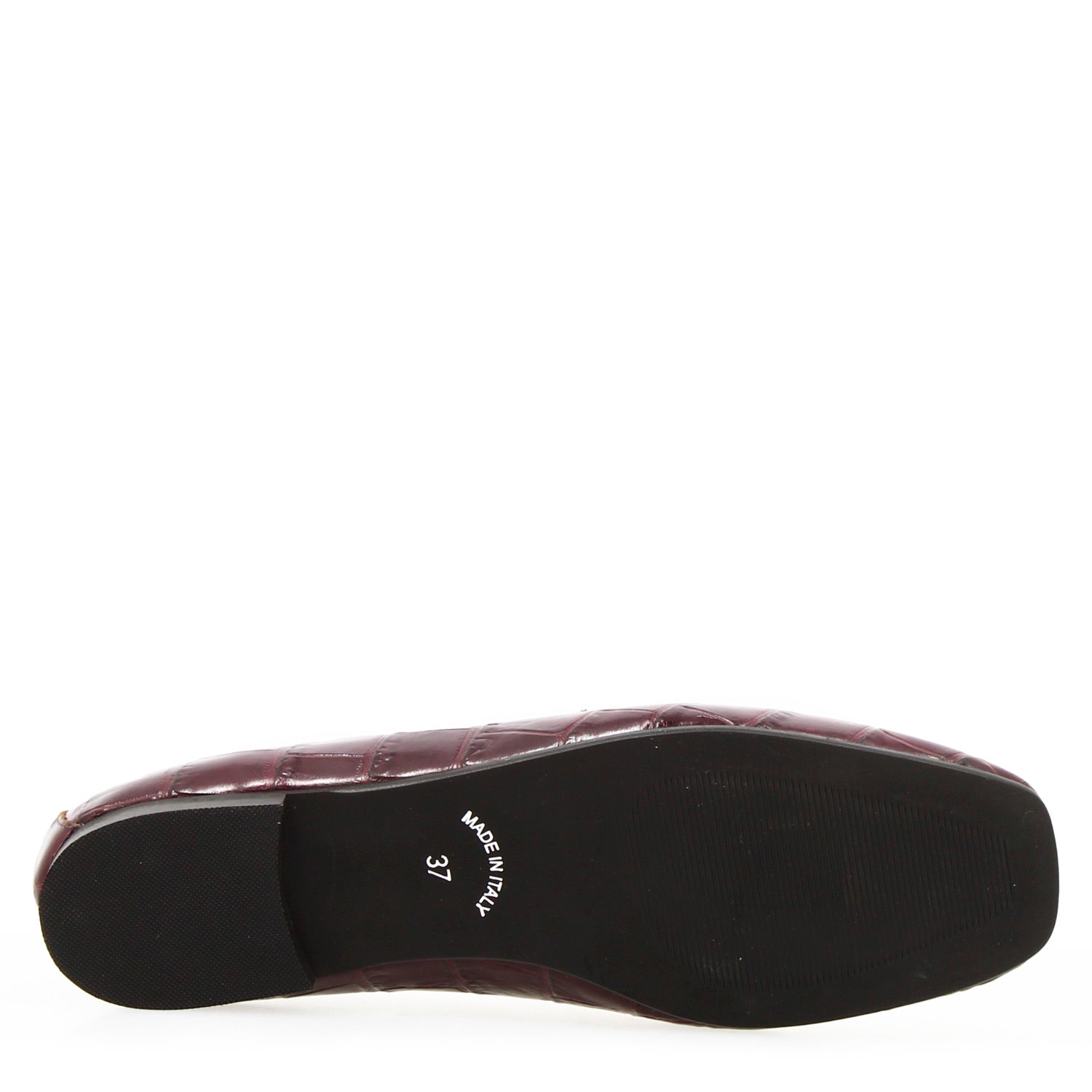 Women's handmade moccasin in burgundy crocodile-print leather