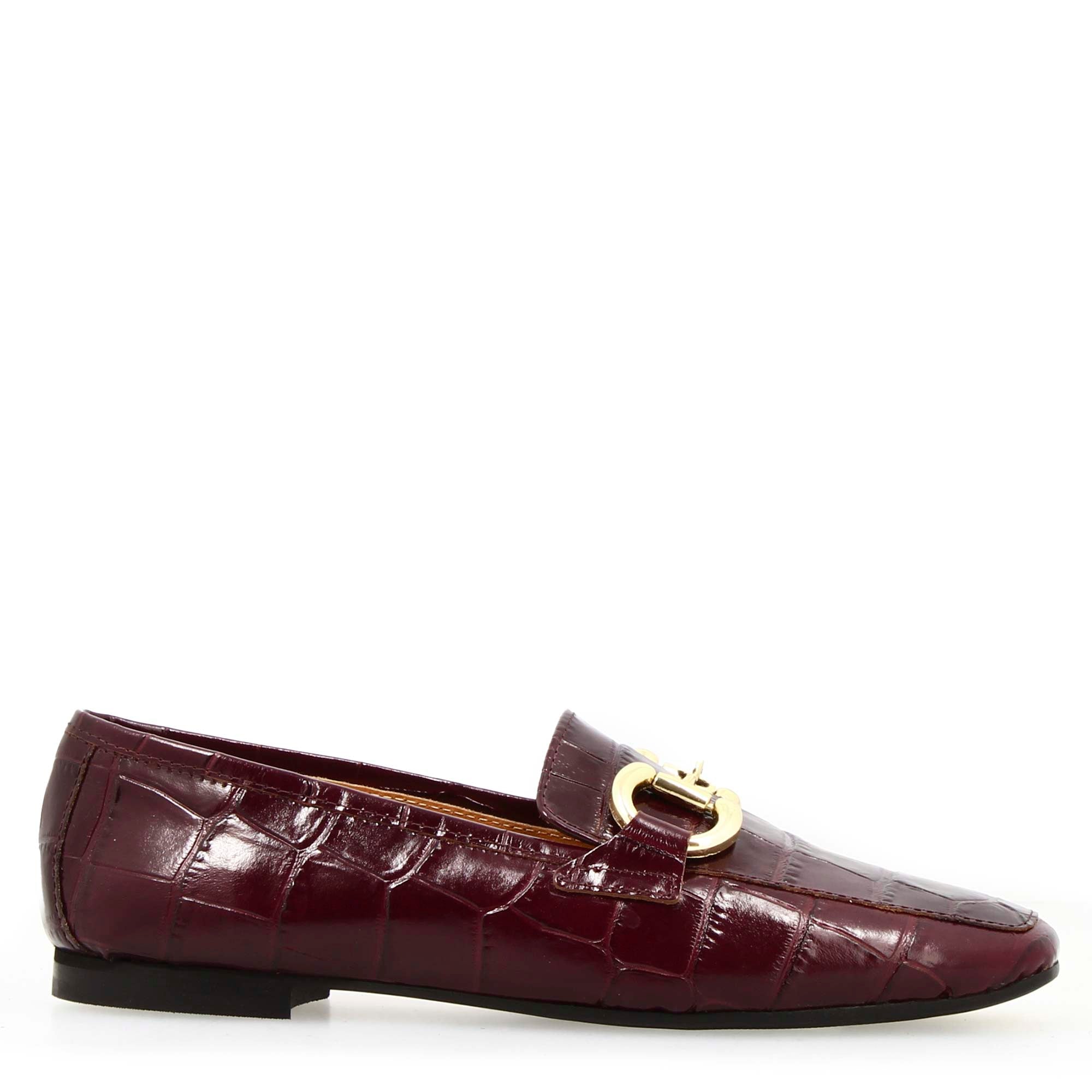 Mocassino artigianale da donna in pelle stampa cocco bordeaux con morsetto