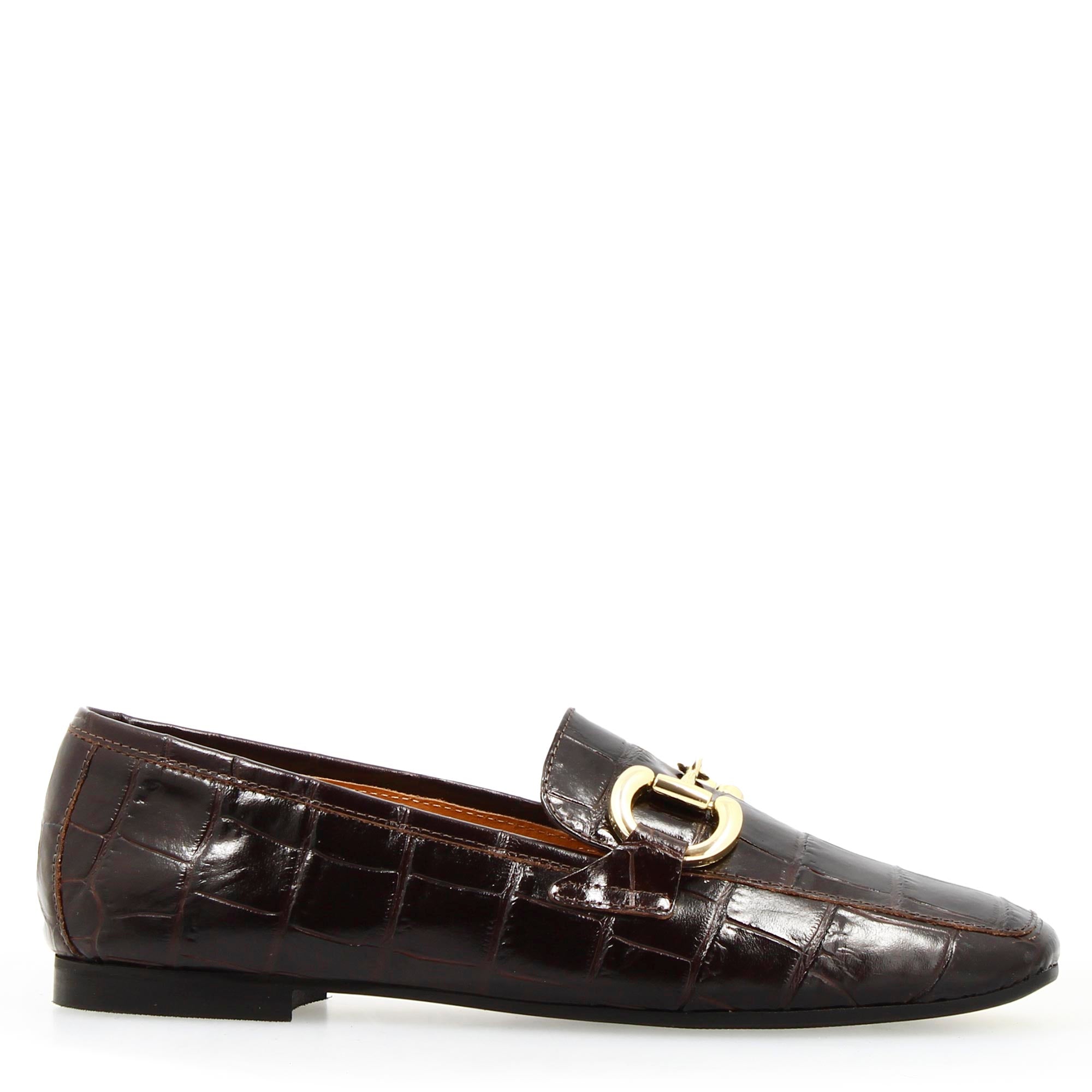 Women's handmade moccasin in brown croco print leather