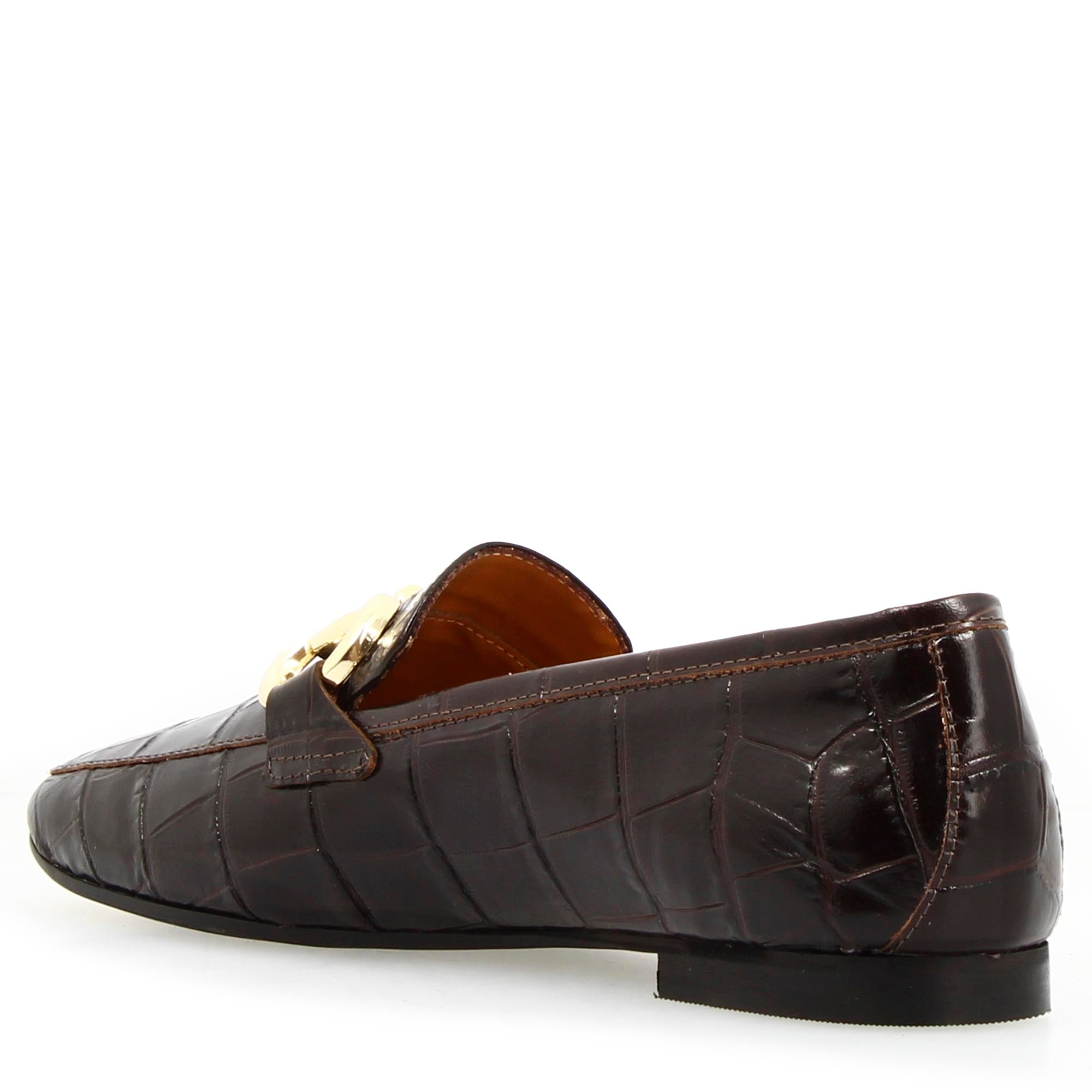 Women's handmade moccasin in brown croco print leather