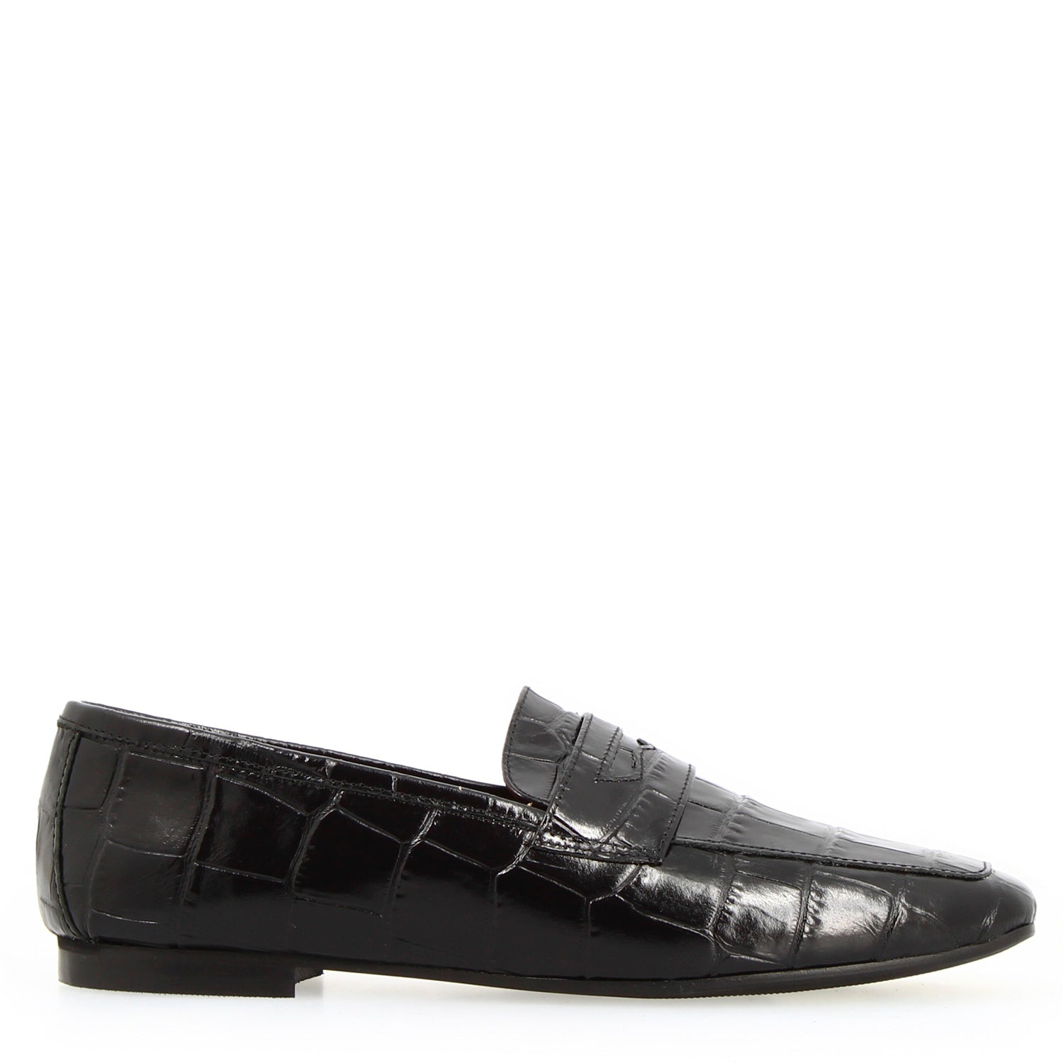 Women's handmade moccasin in black croco print leather
