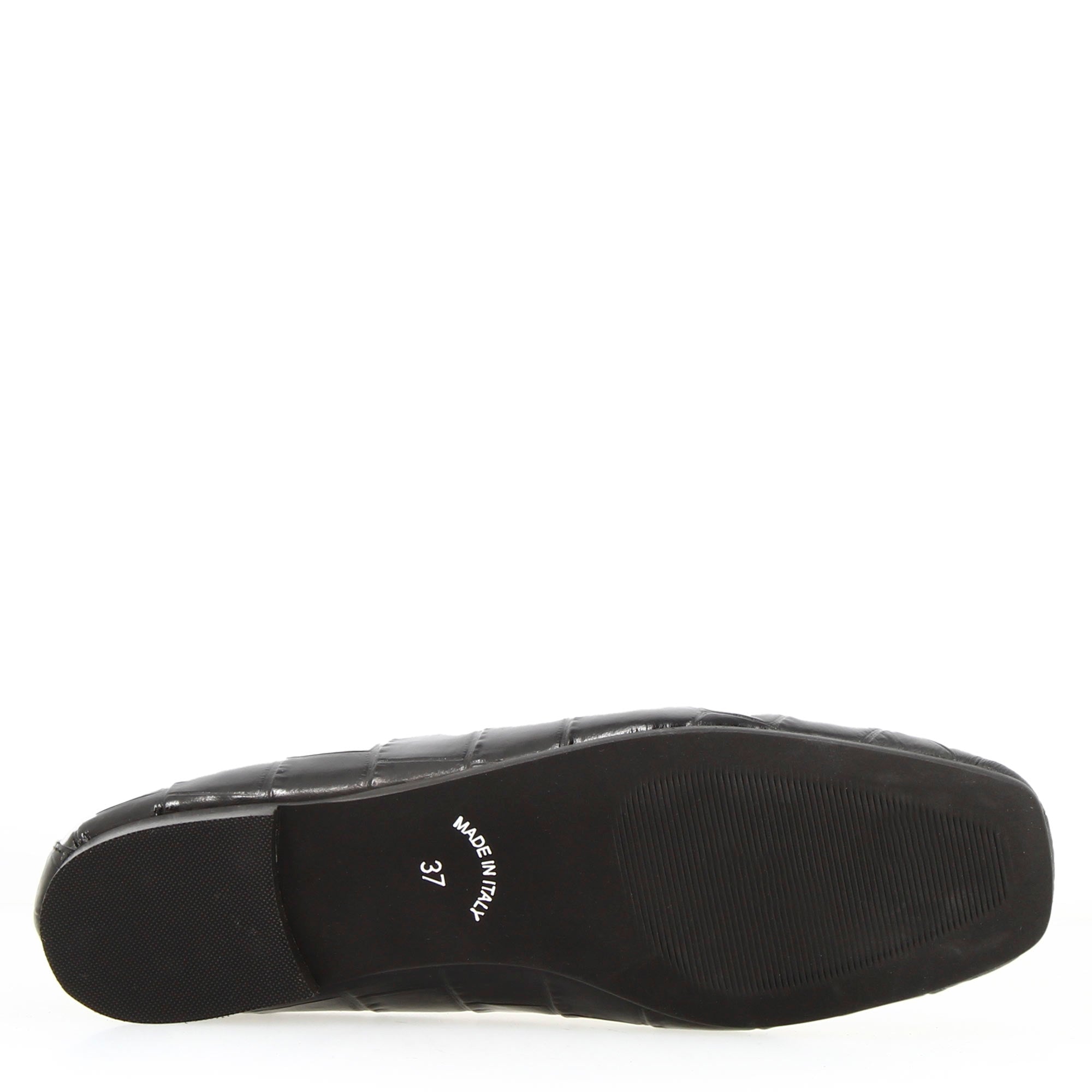 Women's handmade moccasin in black croco print leather