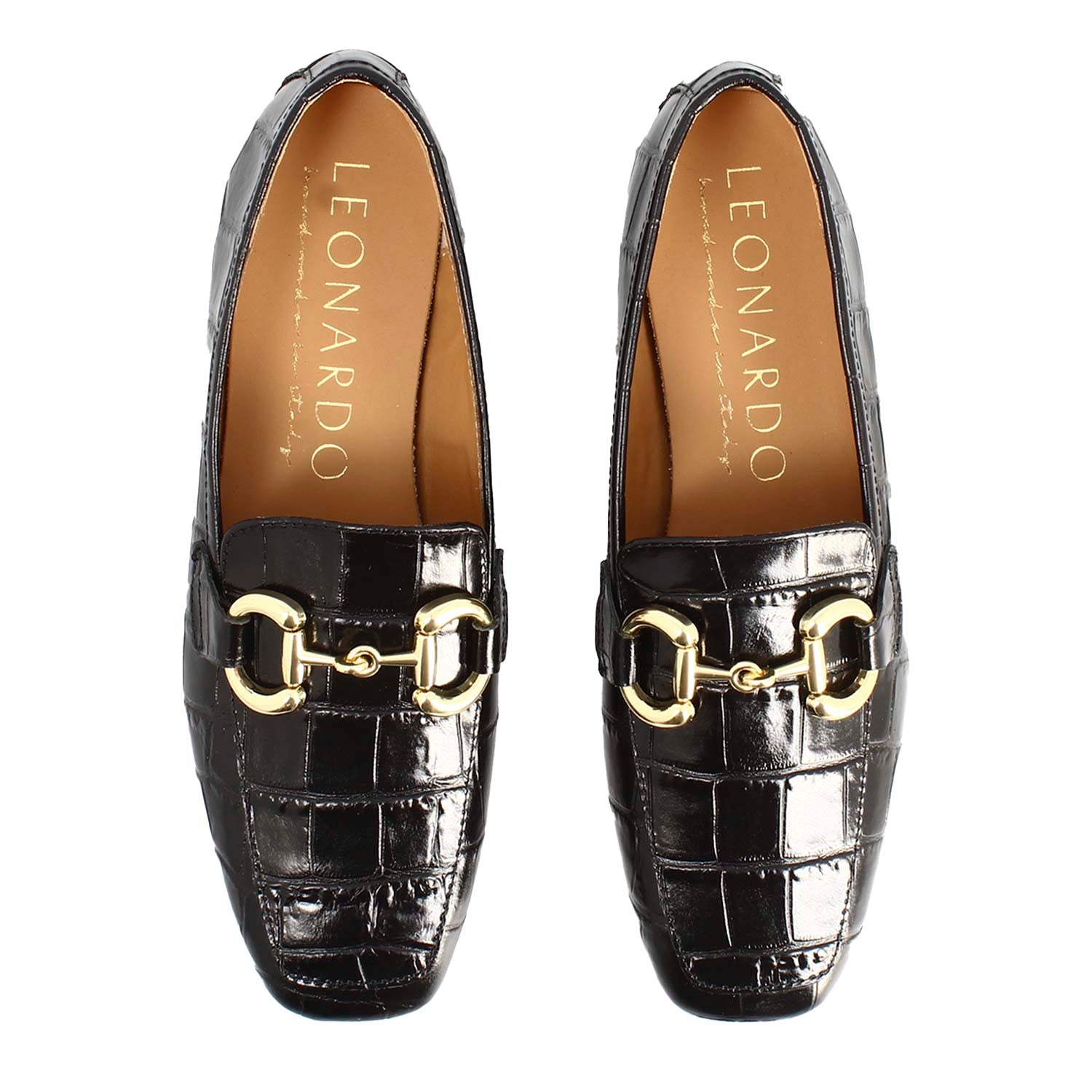 Women's handmade moccasin in black croco print leather with horsebit