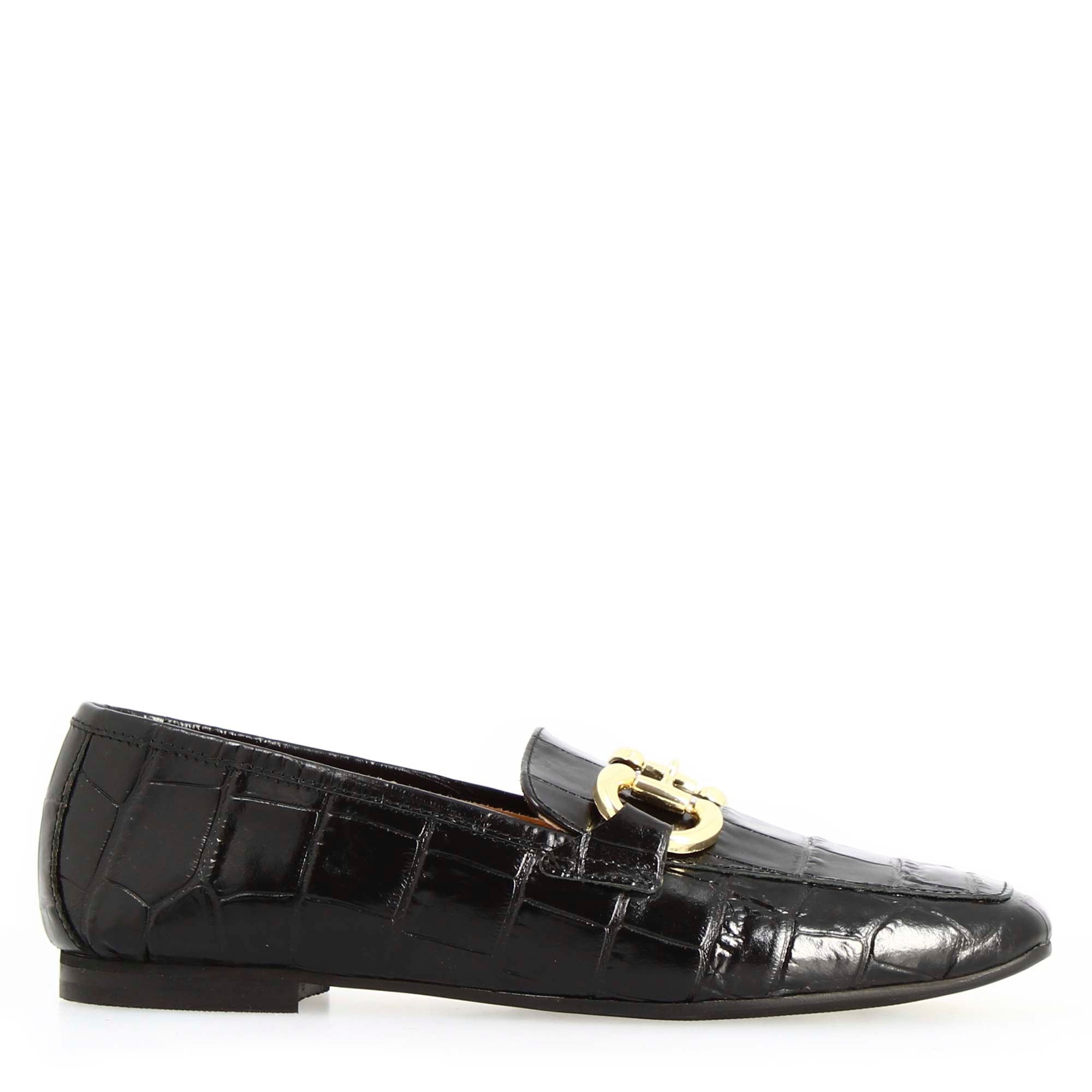 Women's handmade moccasin in black croco print leather with horsebit
