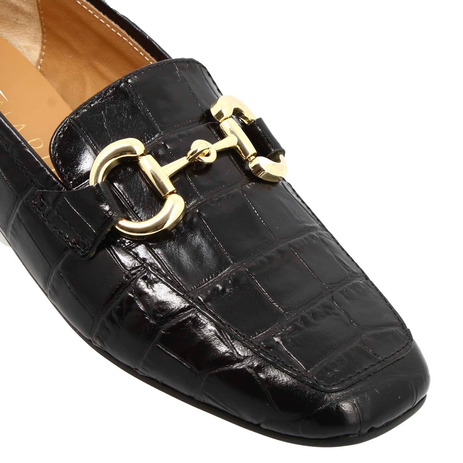 Women's handmade moccasin in black croco print leather with horsebit