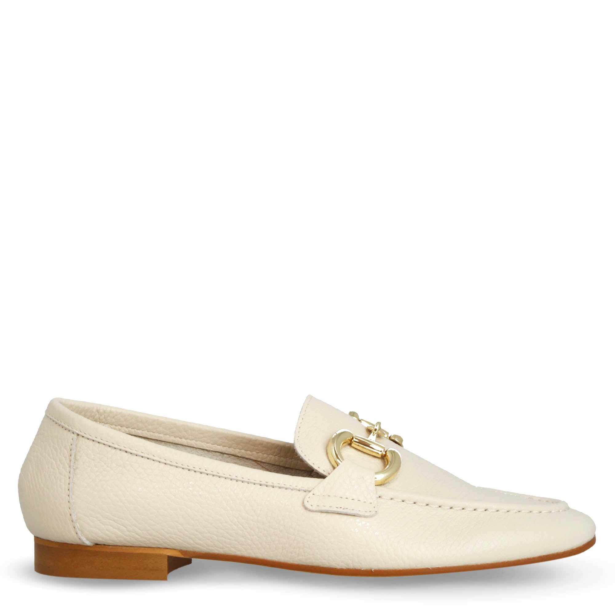 Mocassino artigianale beige da donna con morsetto