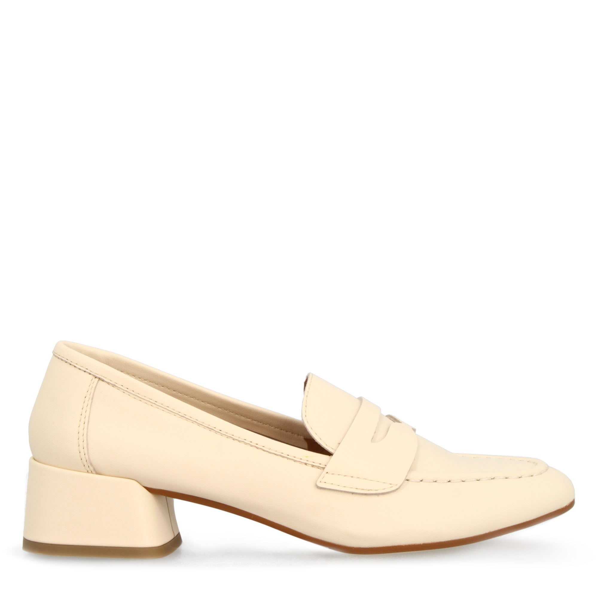 Mocassino artigianale tacco medio da donna in pelle beige