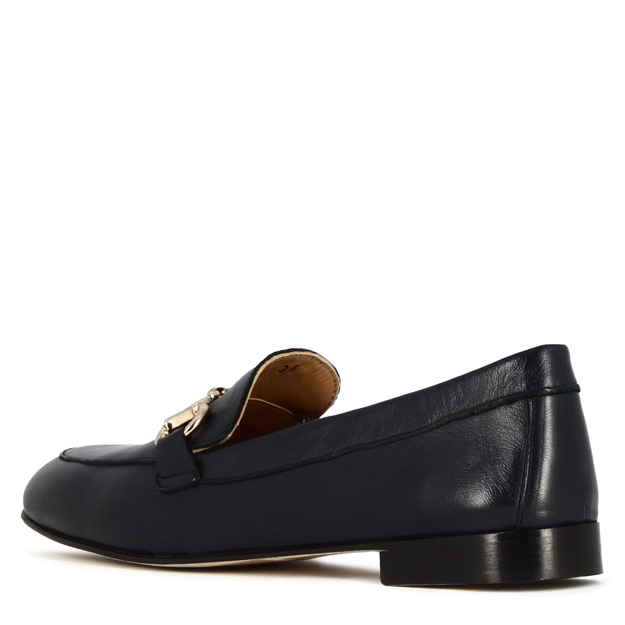 Classic women's moccasin with horsebit in dark blue leather