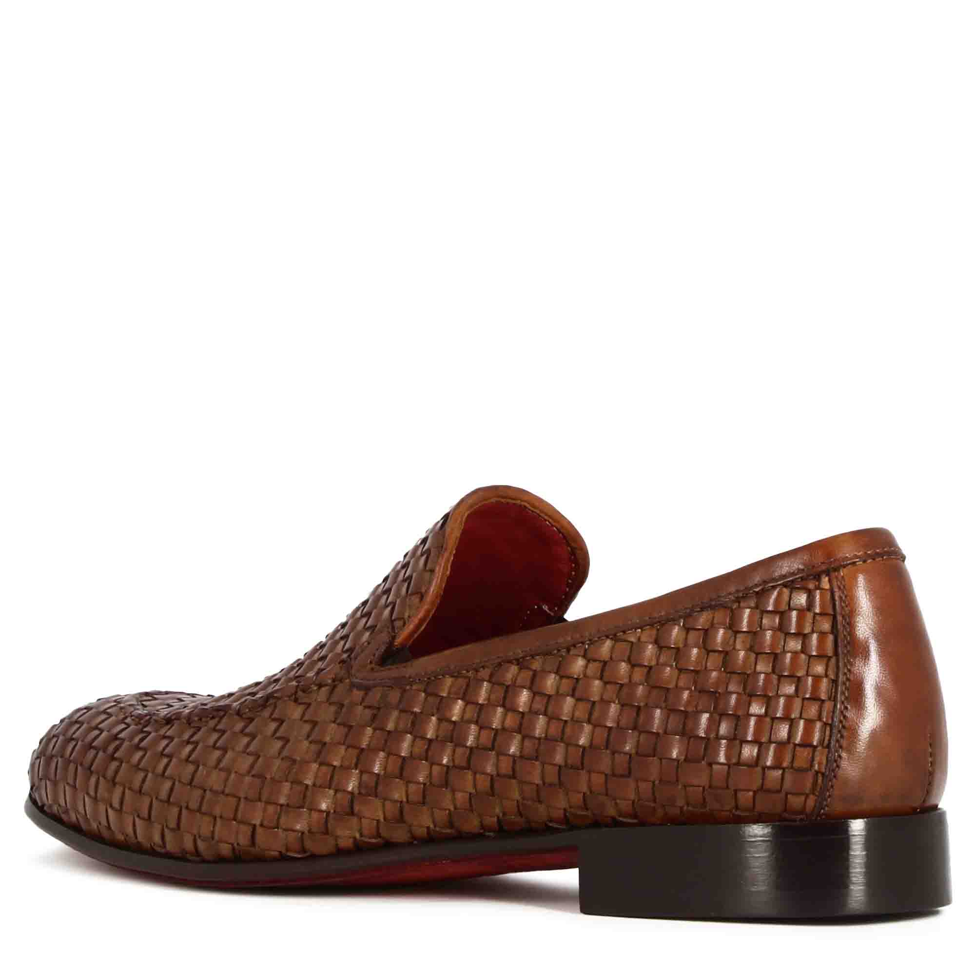 Mocassin classique pour hommes en cuir tressé marron clair
