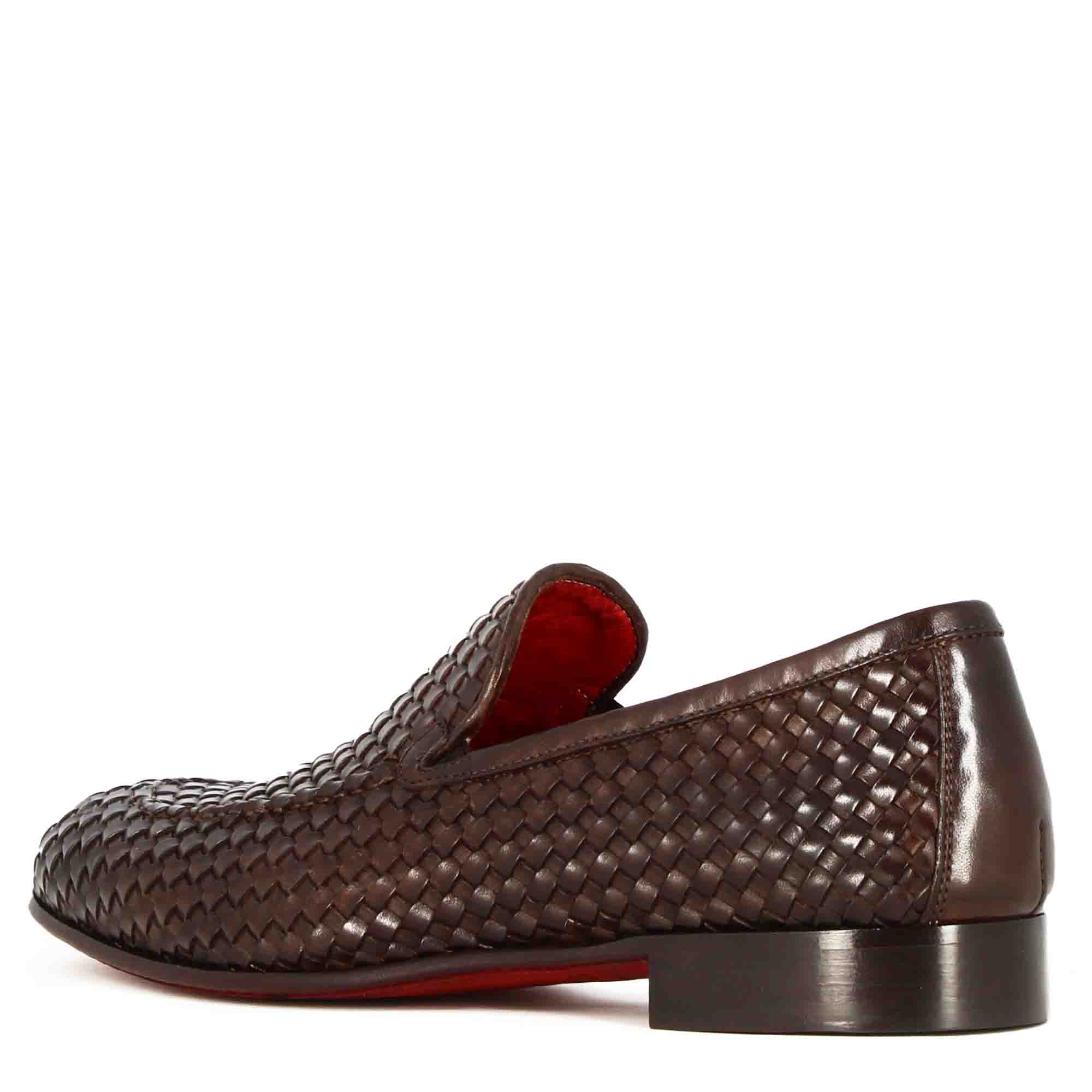 Mocassin classique pour hommes en cuir tressé marron foncé