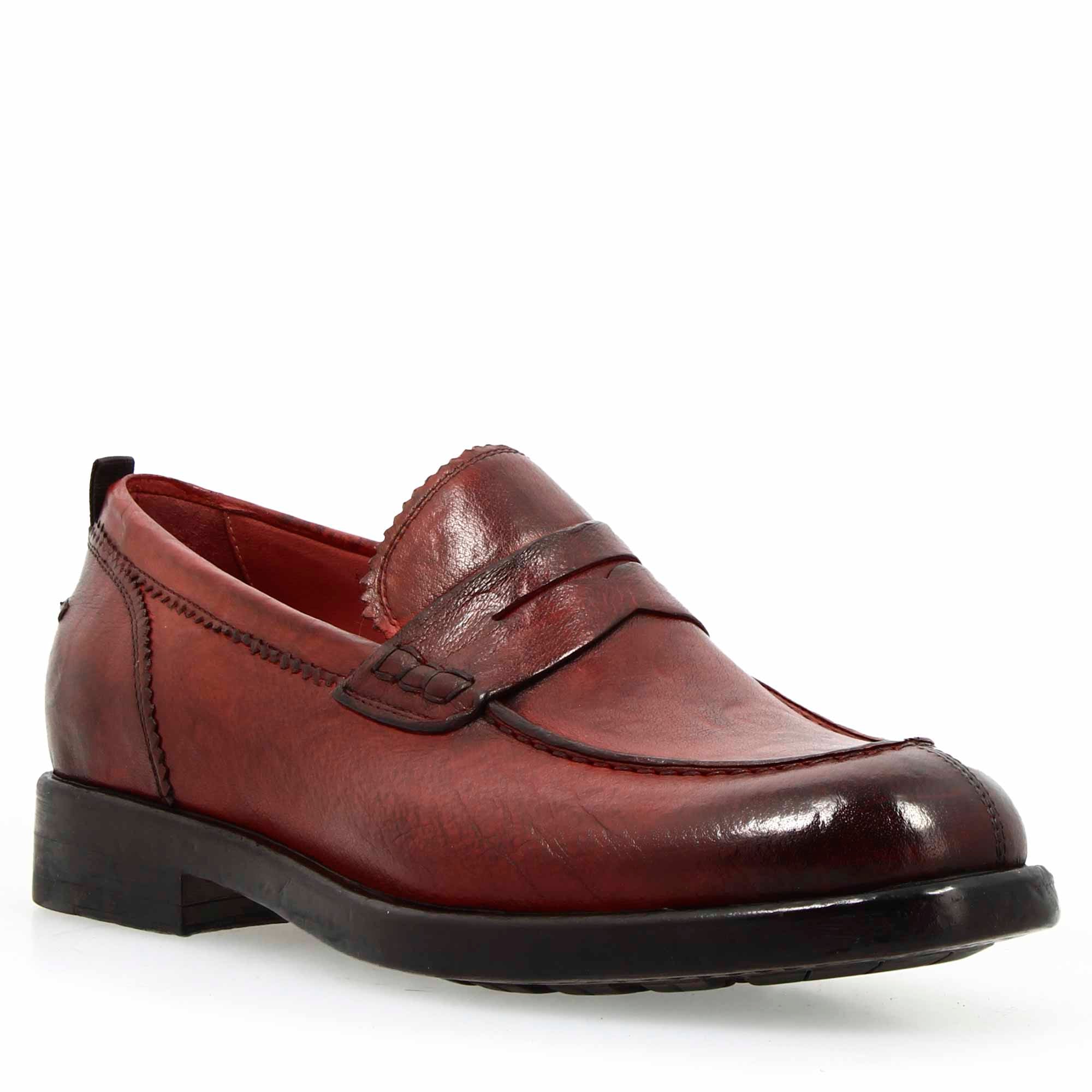 Men's college moccasin in fine burgundy leather