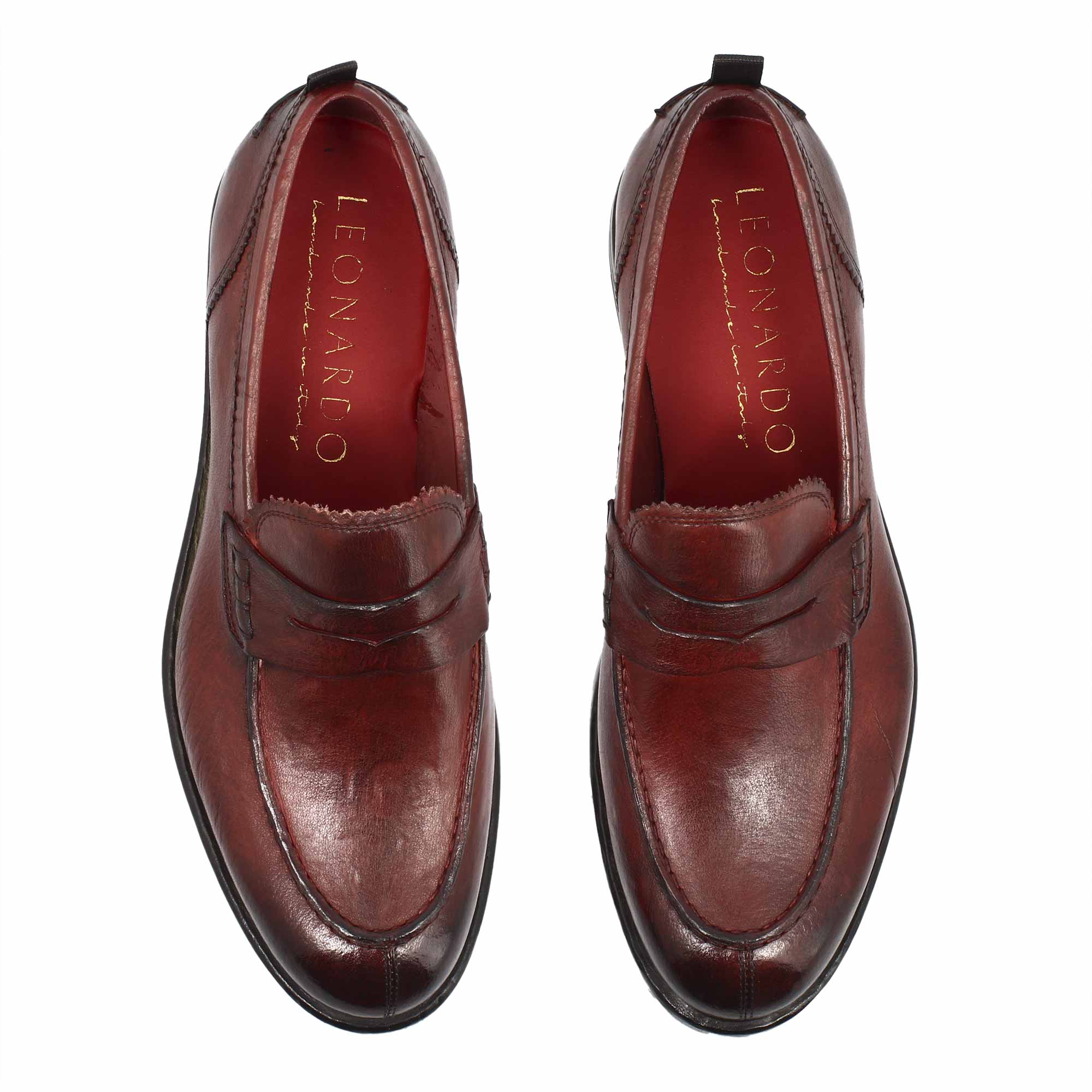 Men's college moccasin in fine burgundy leather