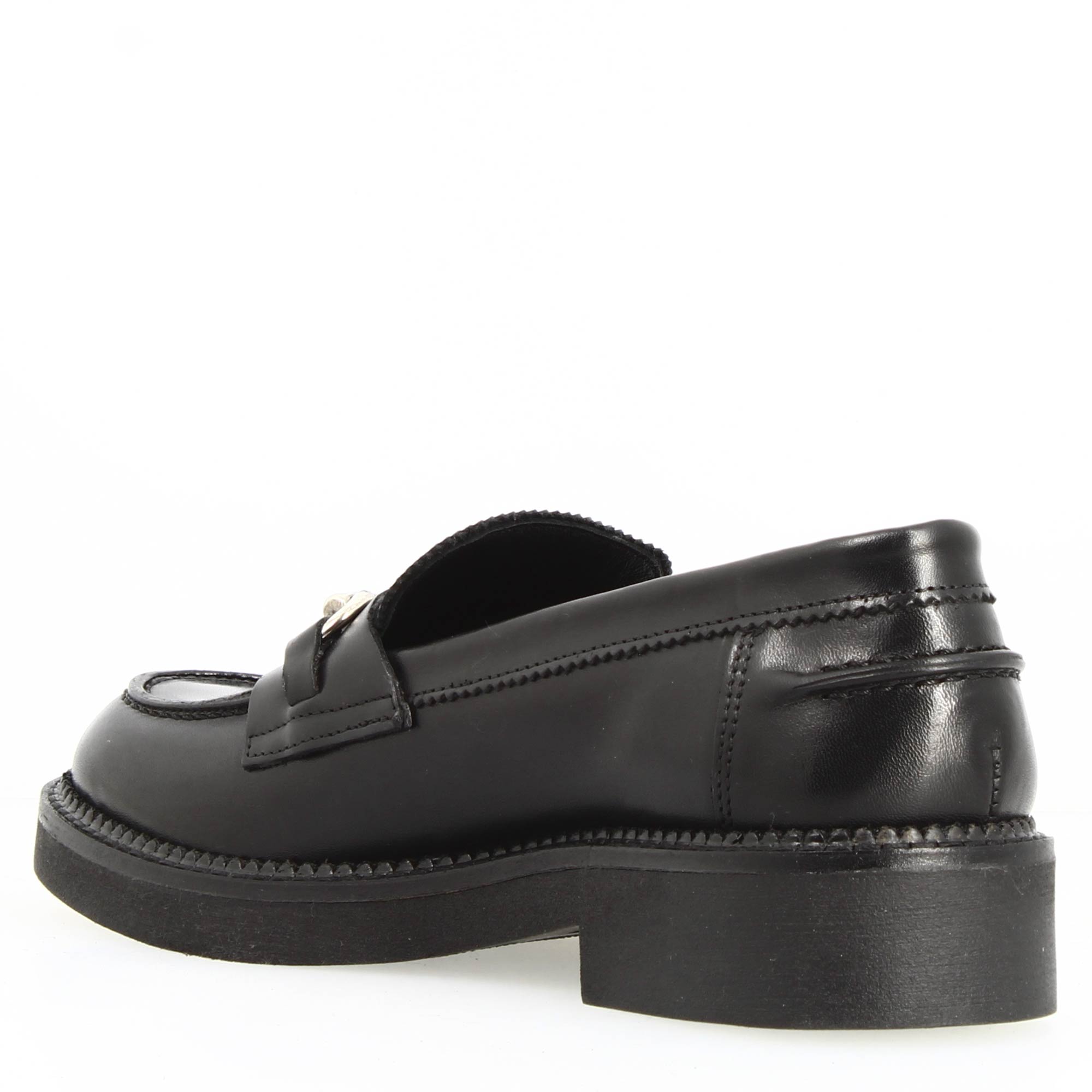 Women's loafer with sturdy black leather sole and buckle