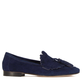 Classic women's moccasin in suede with blue tassels