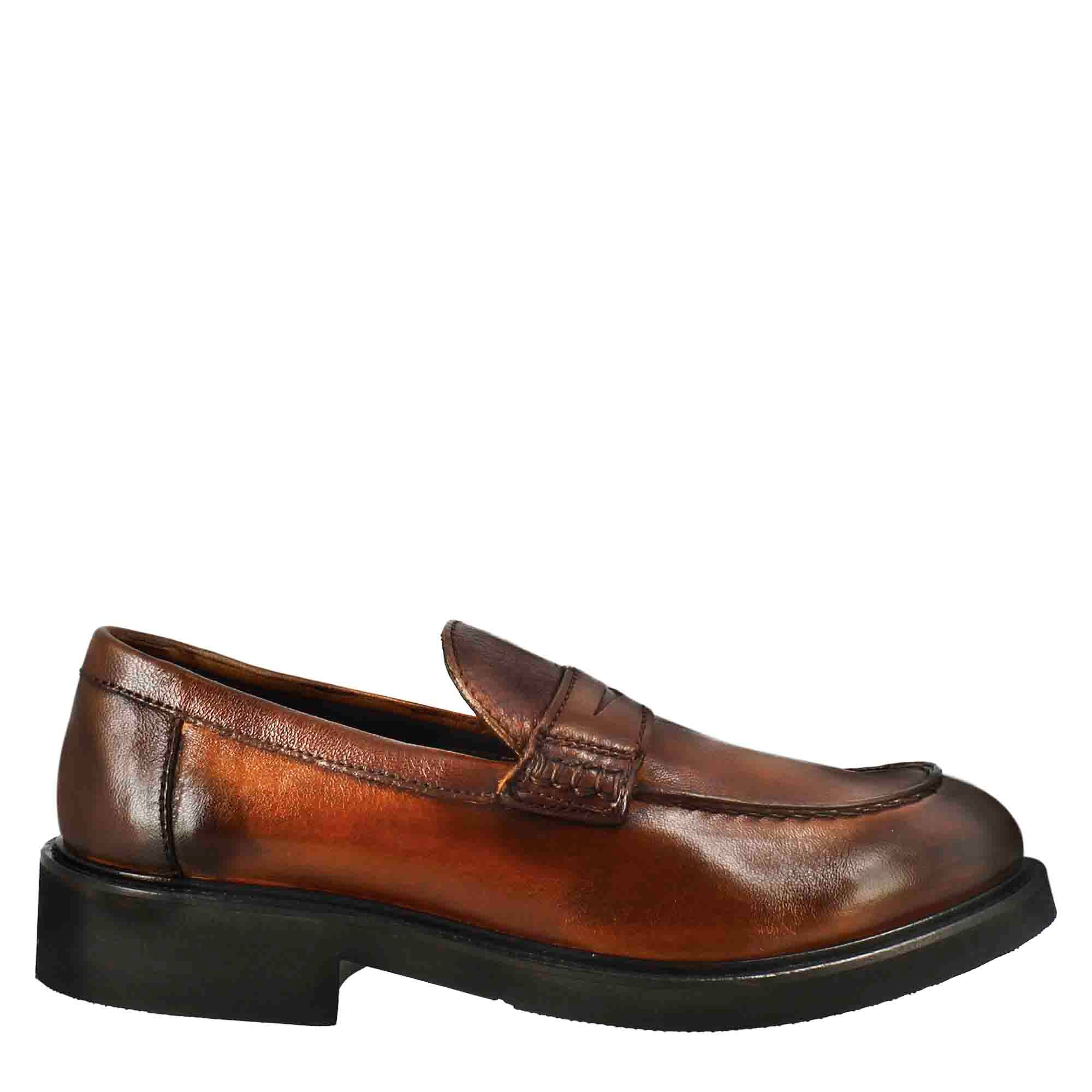 Mocassin femme Paupa en cuir lavé, couleur beige foncé