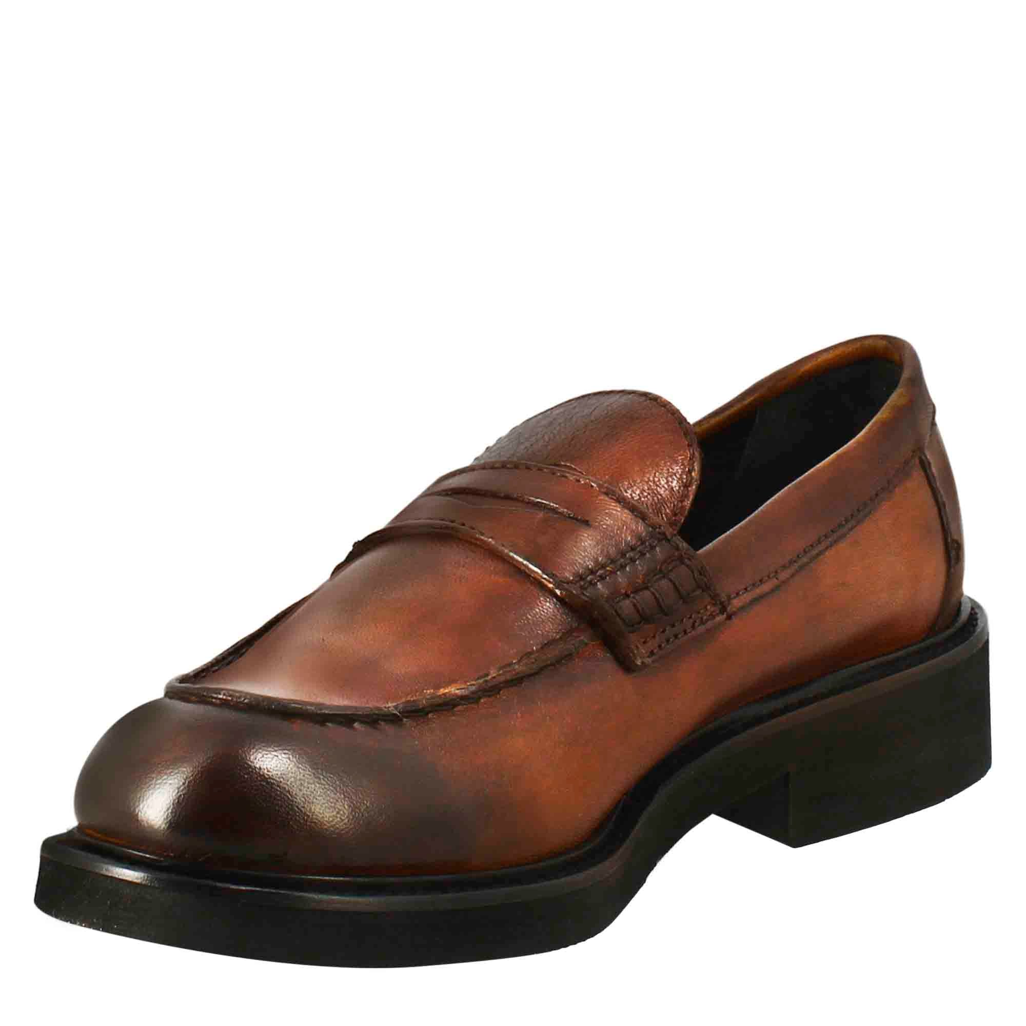 Mocassin femme Paupa en cuir lavé, couleur beige foncé