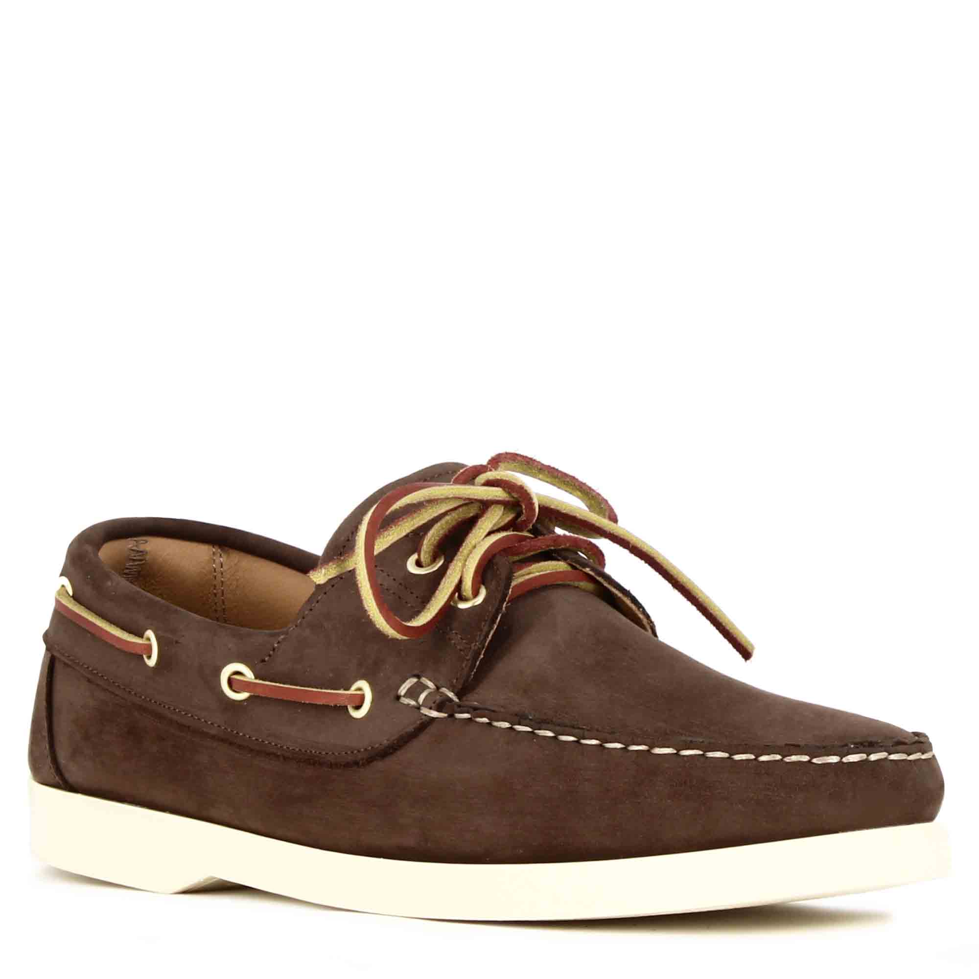 Men's boat moccasin in dark brown suede