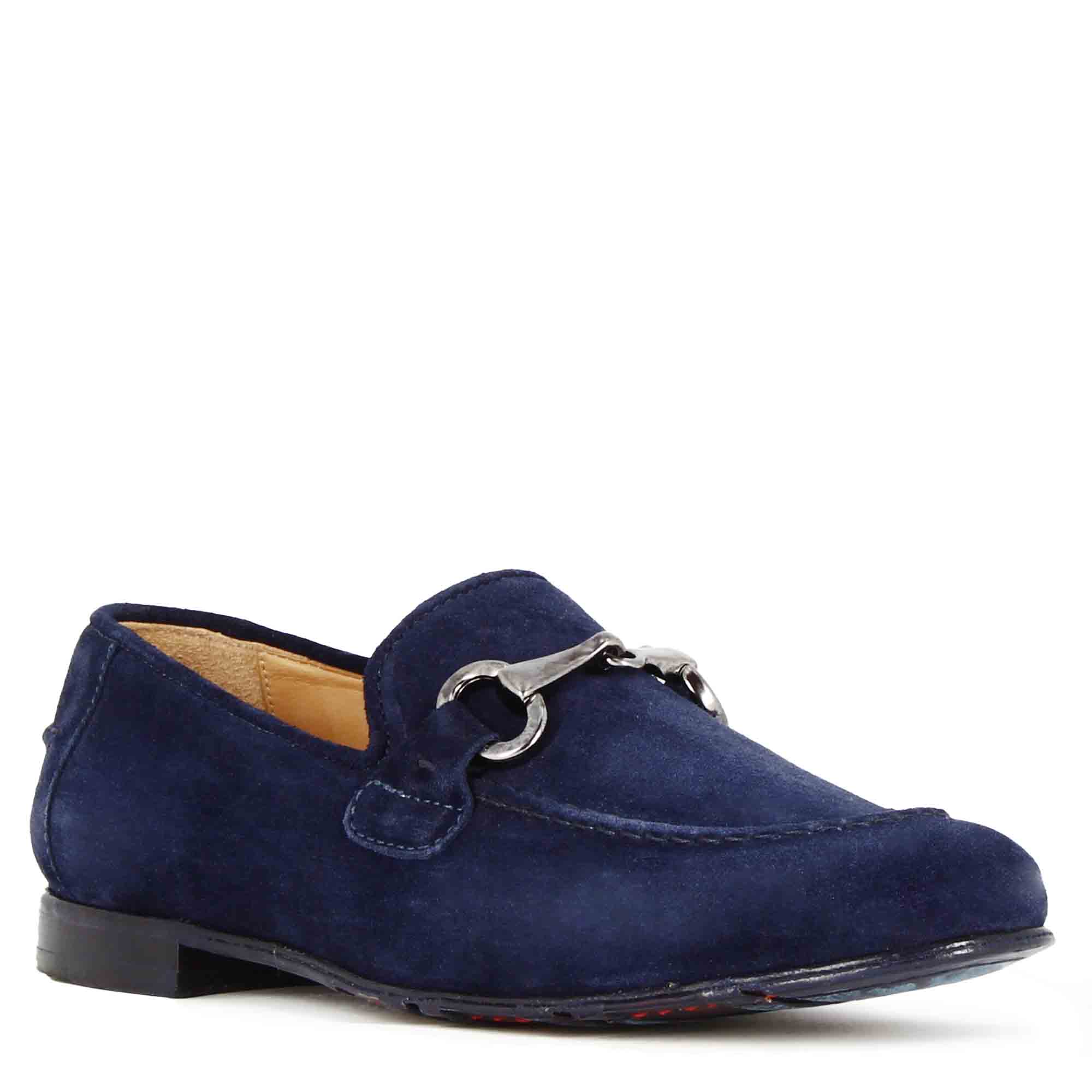 Men's moccasin in blue suede with silver clamp