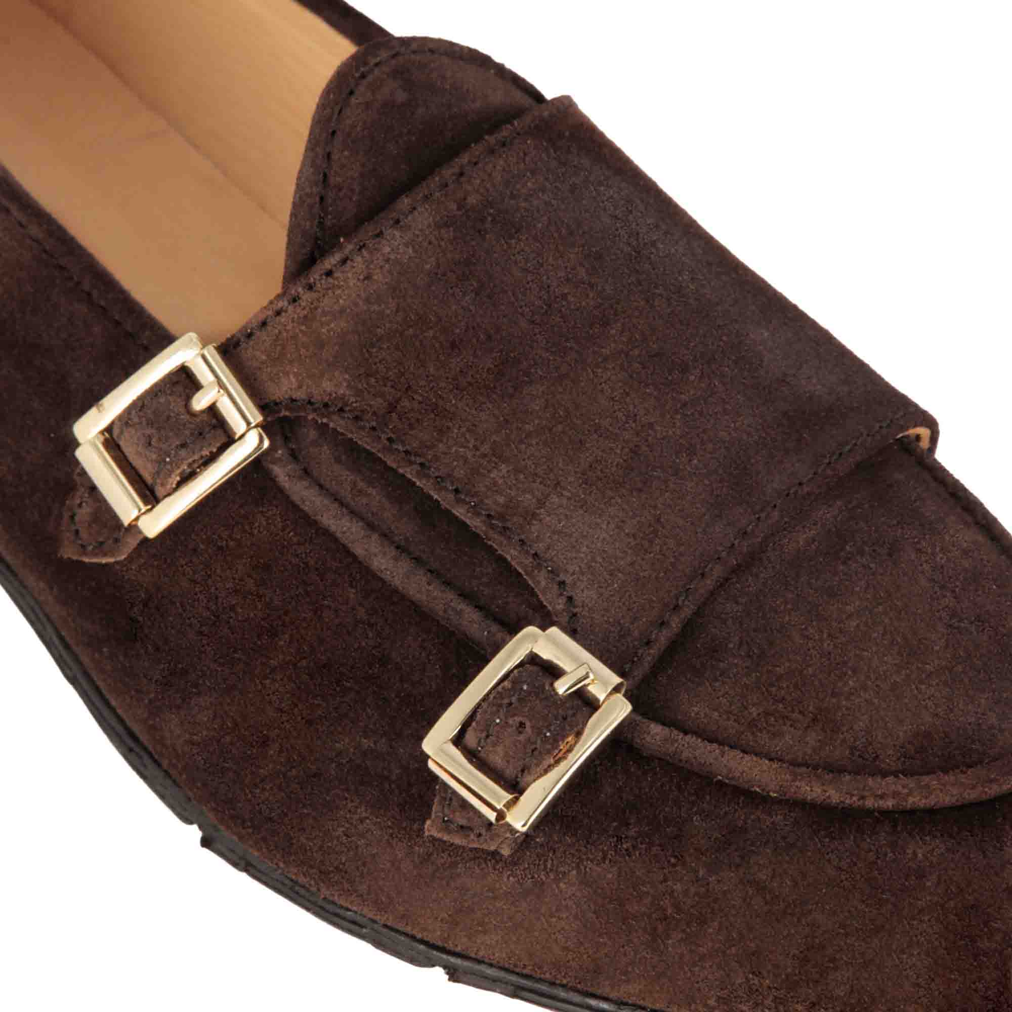 Men's moccasin in dark brown suede with double buckle