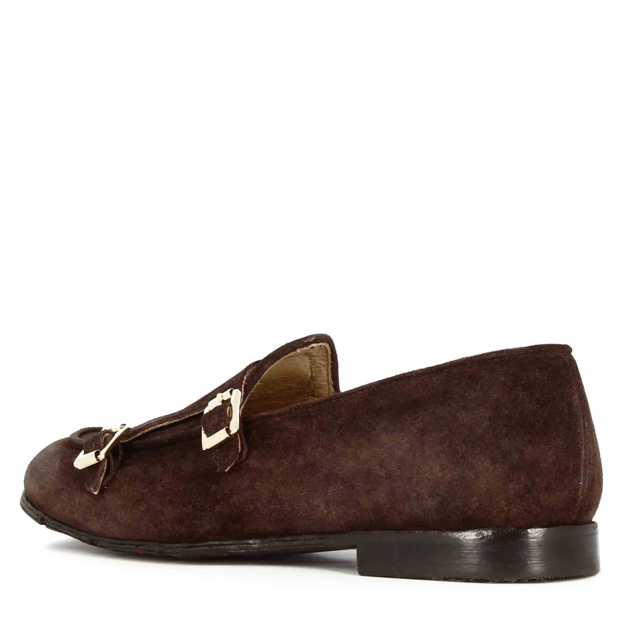 Men's moccasin in dark brown suede with double buckle