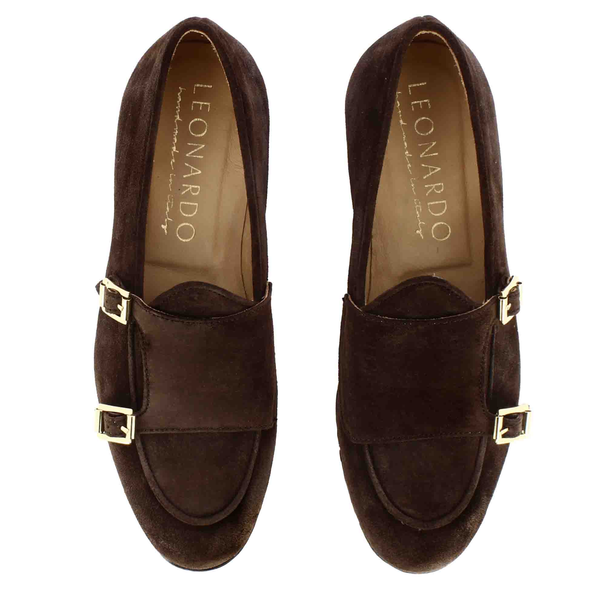 Men's moccasin in dark brown suede with double buckle