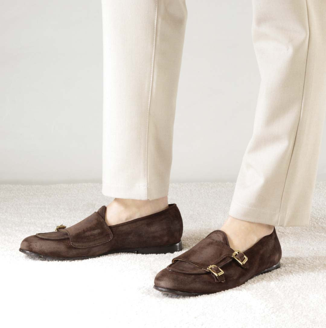 Men's moccasin in dark brown suede with double buckle