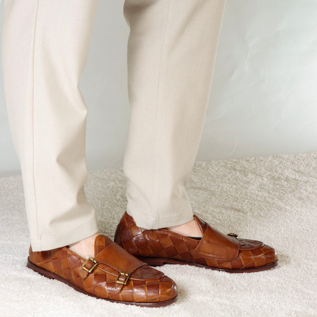 Mocassino marrone con dobbia fibbia dorata da uomo in pelle intrecciata - LeonardoShoes