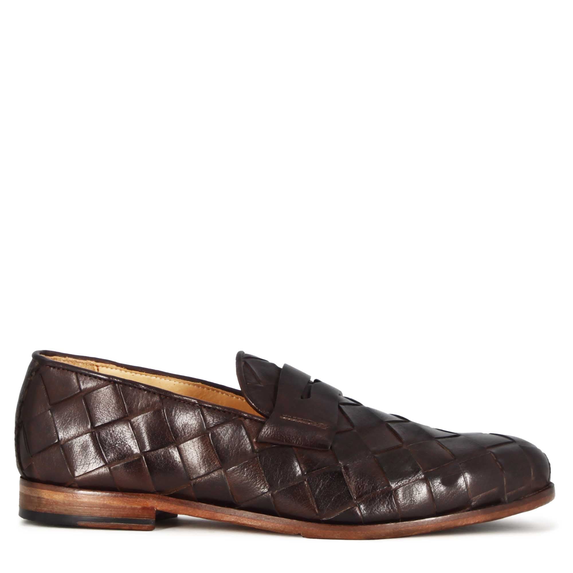 Mocassino marrone scuro vintage elegante da uomo in pelle intrecciata - LeonardoShoes