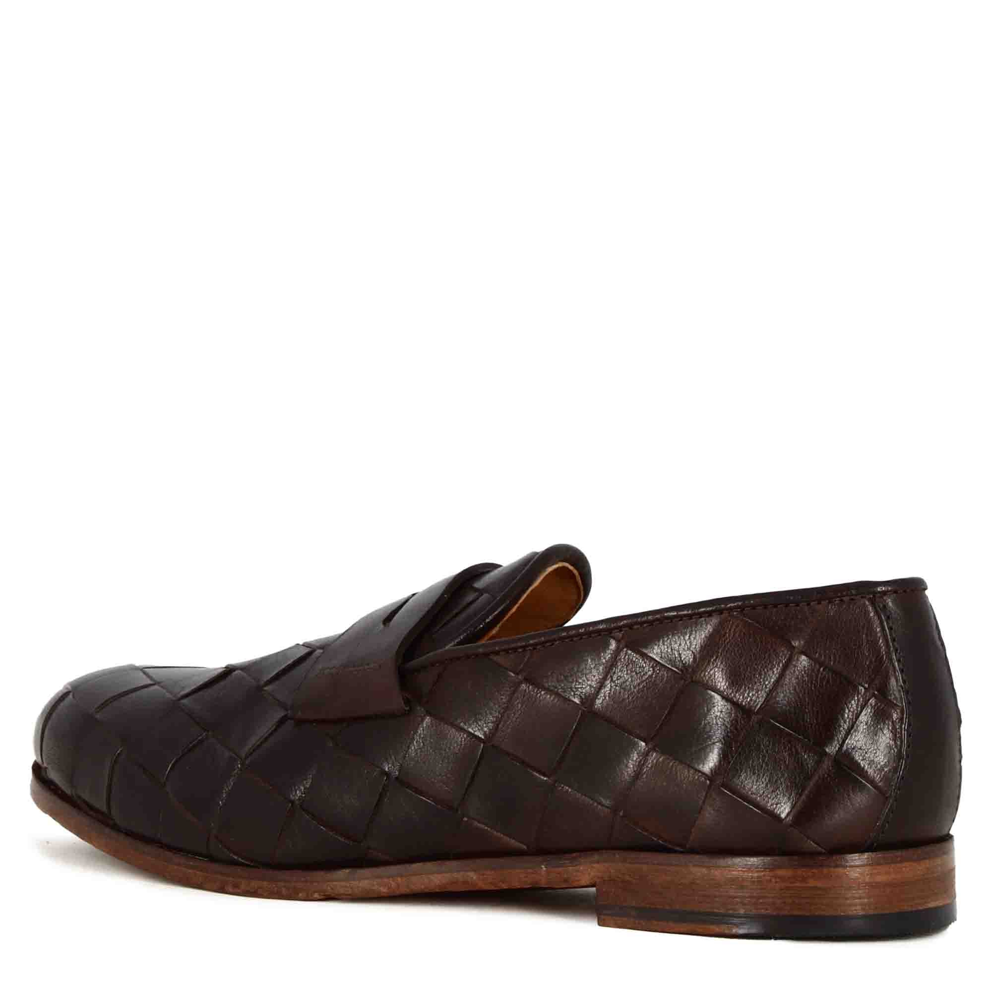 Mocassino marrone scuro vintage elegante da uomo in pelle intrecciata - LeonardoShoes