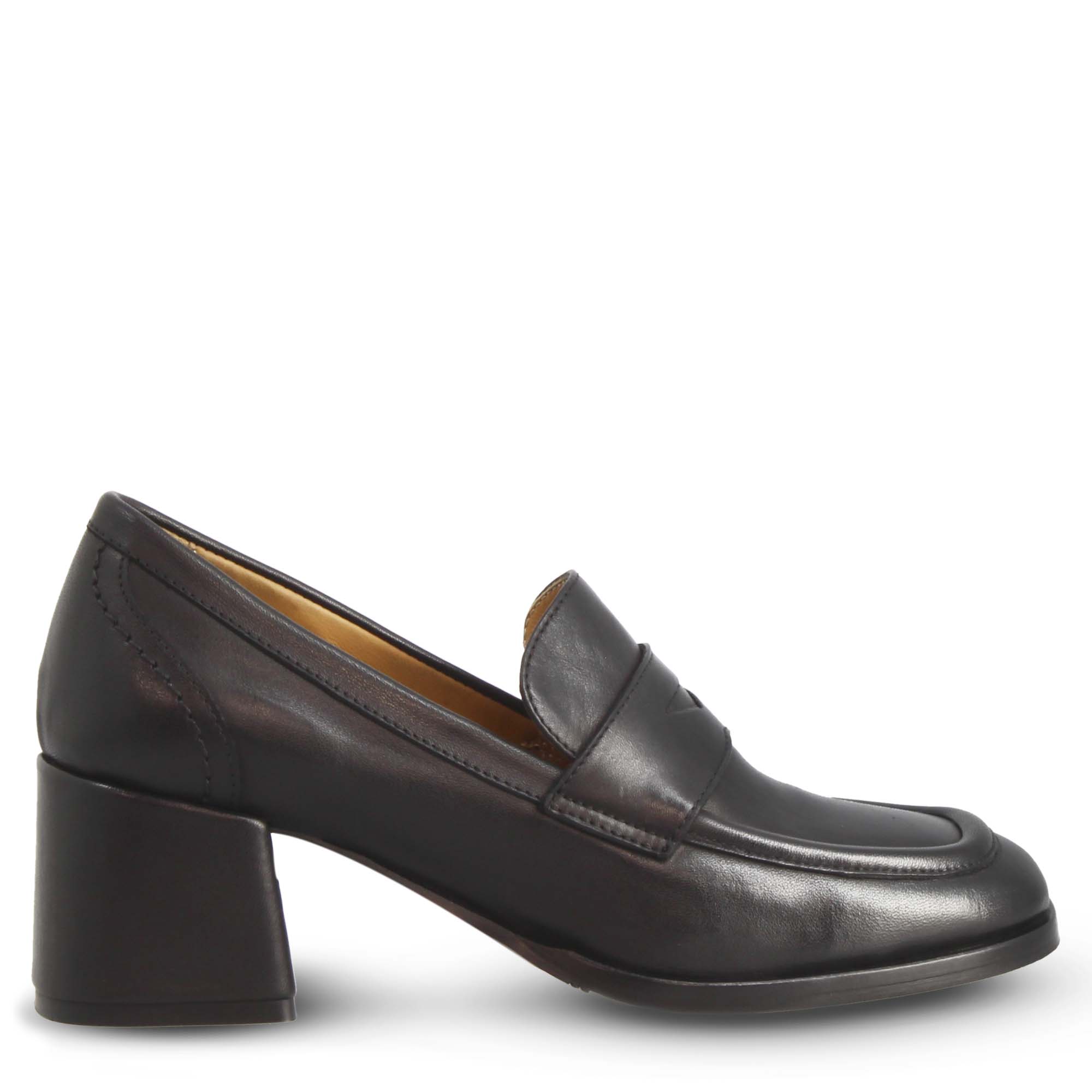 Women's High Heel Moccasin in Black Leather