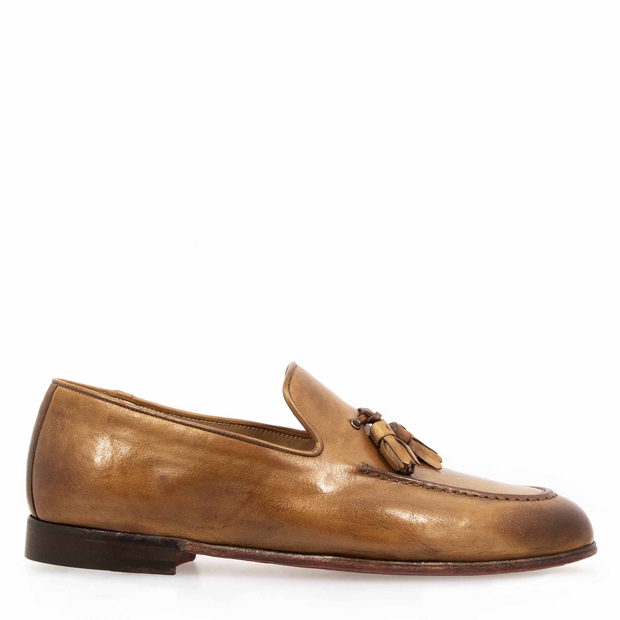 Handmade Men's Brown Leather Tassel Loafer